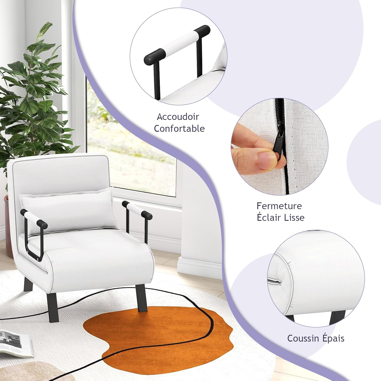 Canapé-lit Convertible, Fauteuil Convertible Lit, avec Dossier Réglable en 6 Positions, Oreiller Amovible, Canapé-lit Pliable 1 Place (Blanc) - 5