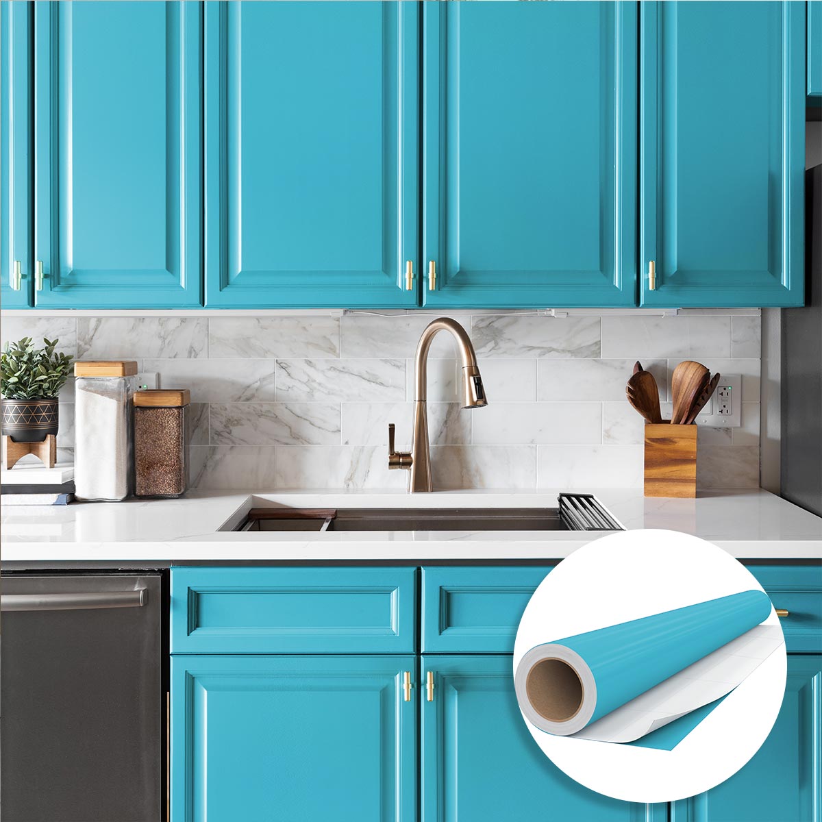 Rotolo adesivo in vinile impermeabile al metro - Adesivo lavabile per cucina, mobili, armadi, porte - 60cmx50m - Cielo blu - 7