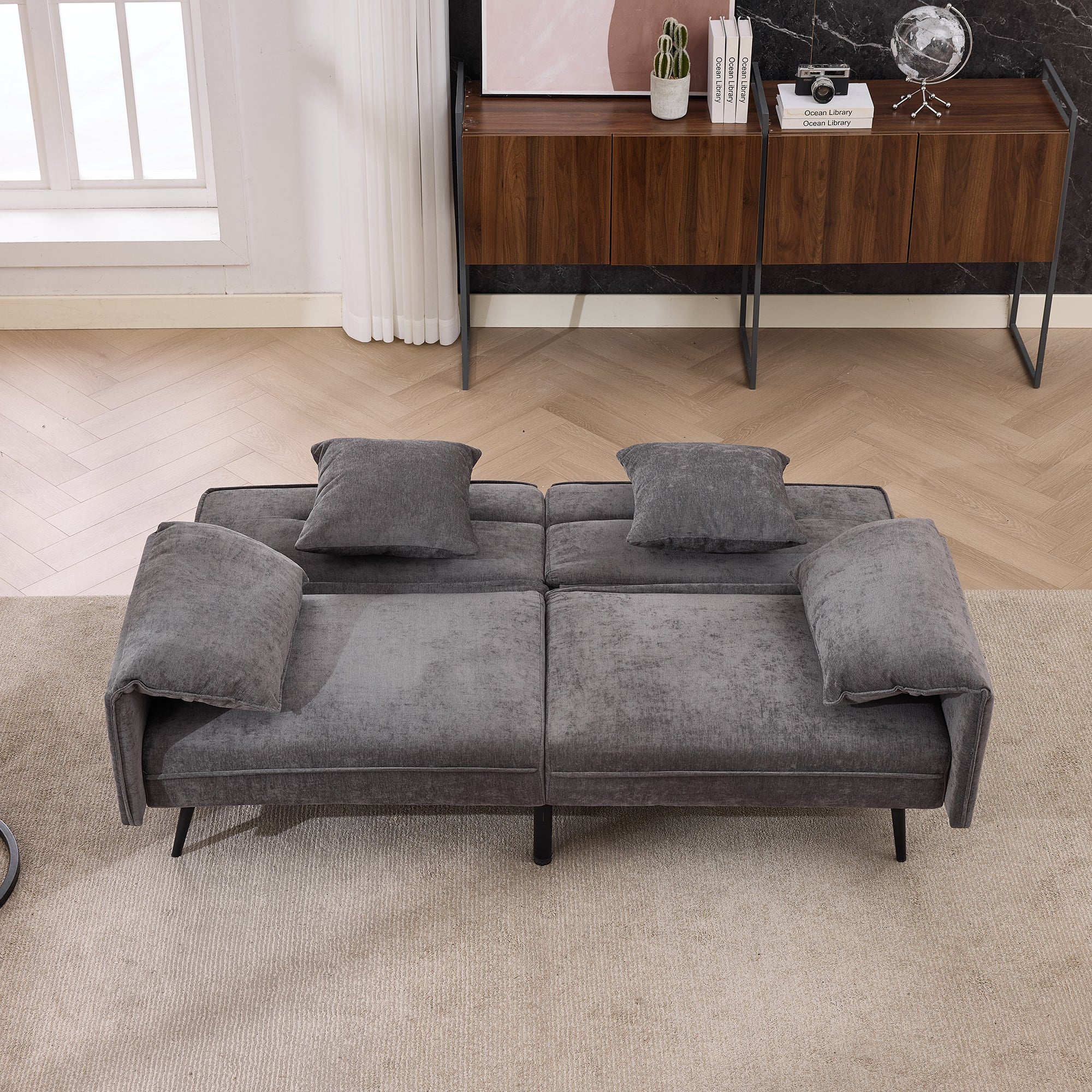 Sofa dwuosobowa z funkcją spania Click-Clack i 3-stopniową regulacją oparcia (100°–180°) – 167,5 x 73 x 70 cm – tkanina Chenille – szara - 6