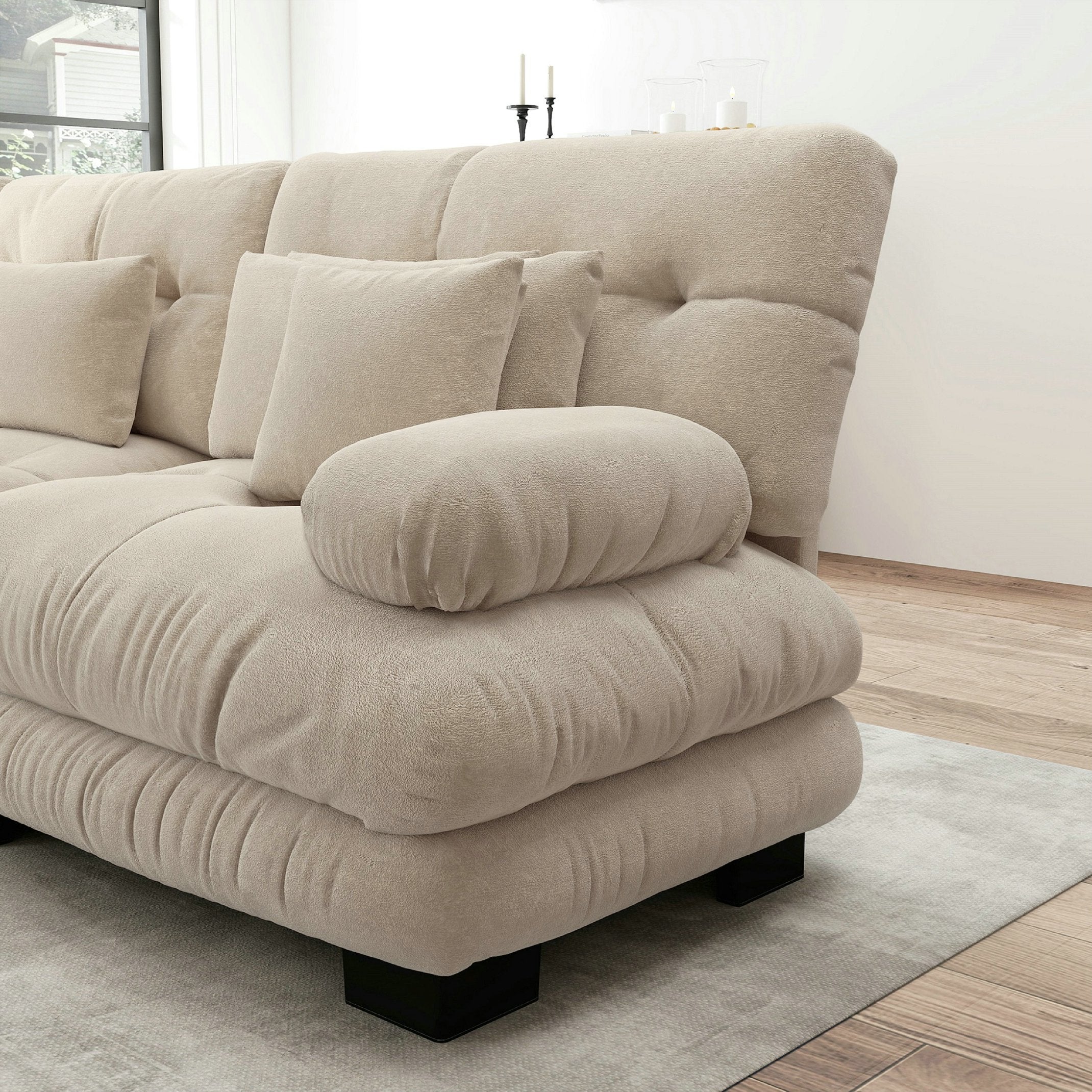 Canapé d\'angle modulaire luxueux 3 places U – en forme de nuage, confortable – canapé-lit profond avec pouf – chenille marron clair - 7