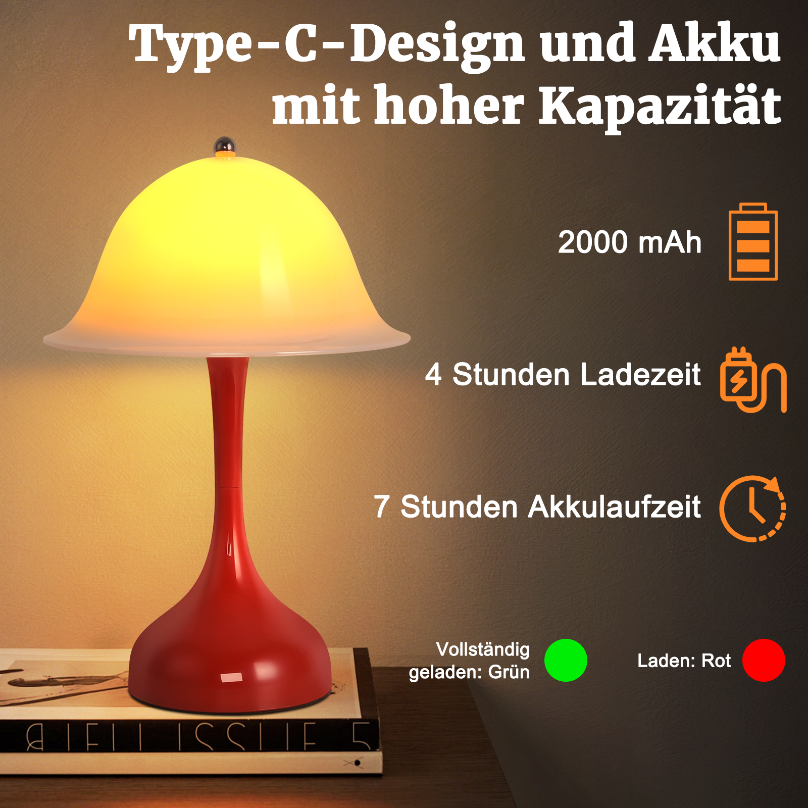ZMH Bezprzewodowa lampka nocna LED z ładowaniem przez USB i dotykowym sterowaniem oraz ściemnialnym czerwonym kloszem do sypialni i wystroju domu - 5