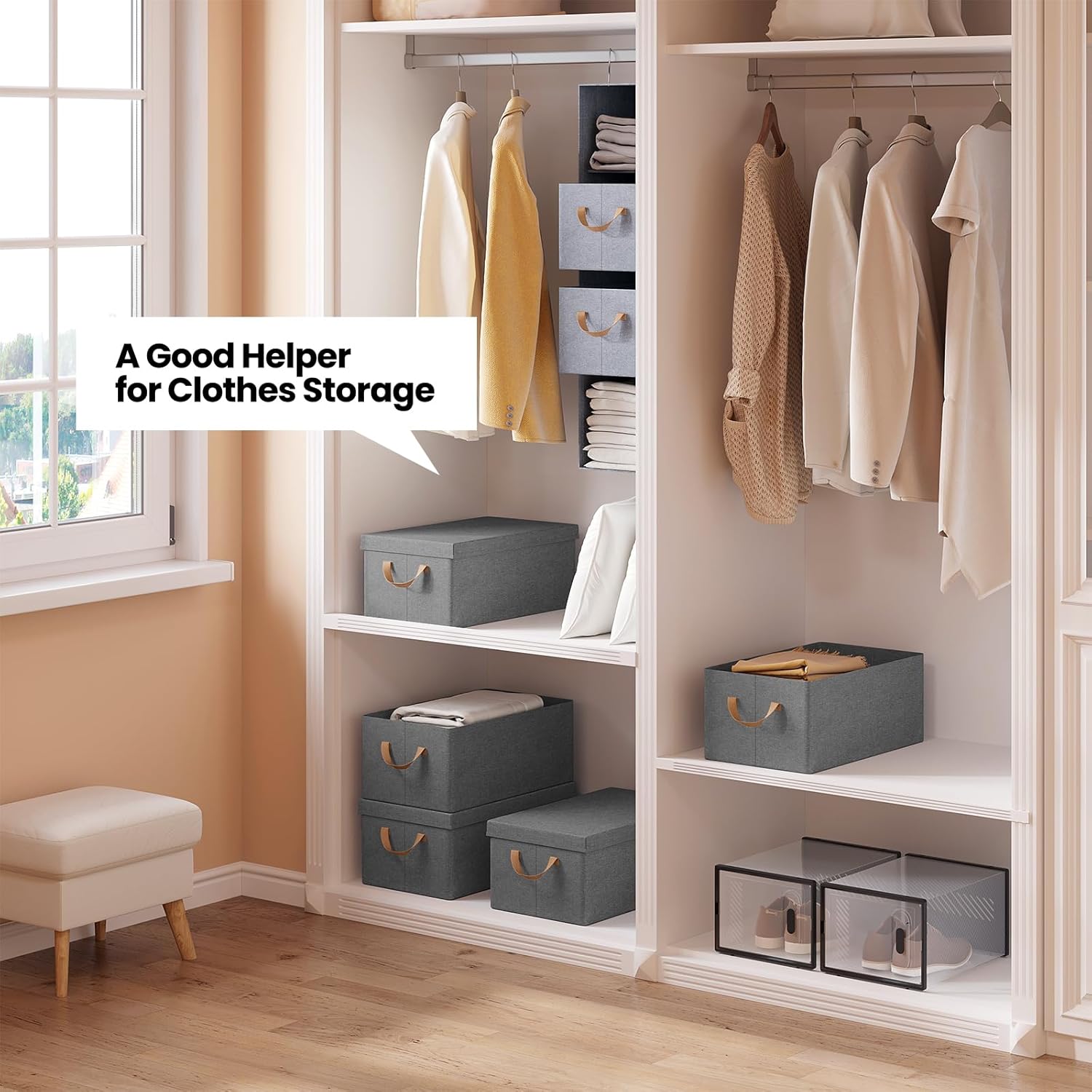 WOLTU Boîte de Rangement avec Couvercle，Lot de 6，Caisse Rangement Pliable，48x29x20cm，Coffre de Rangement en Tissu non Tissé，Gris - 2