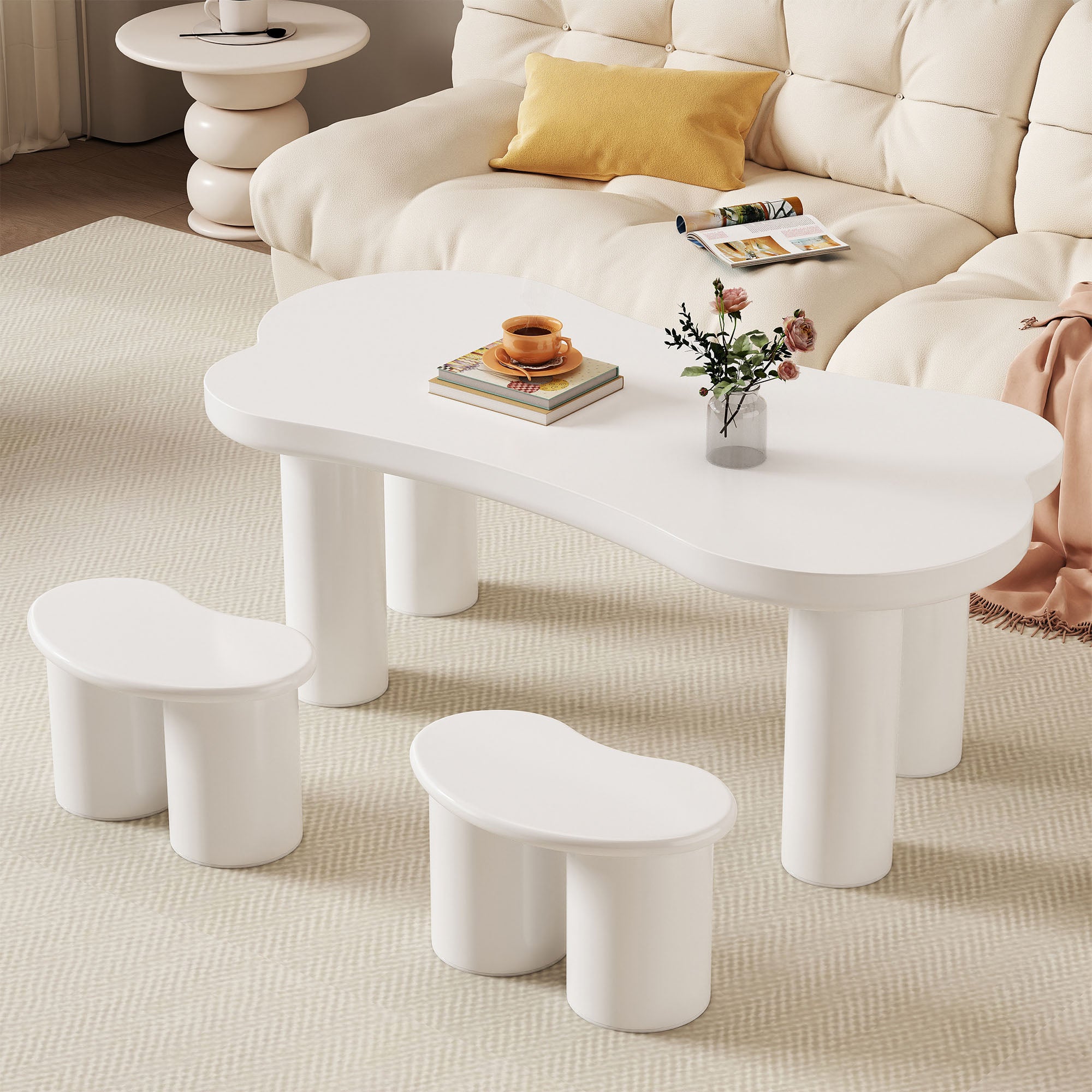 Nieregularny stolik kawowy w kształcie kości z 2 małymi stołkami, 113*58*40,5 cm, blat MDF, nogi PVC, z filcową podstawą