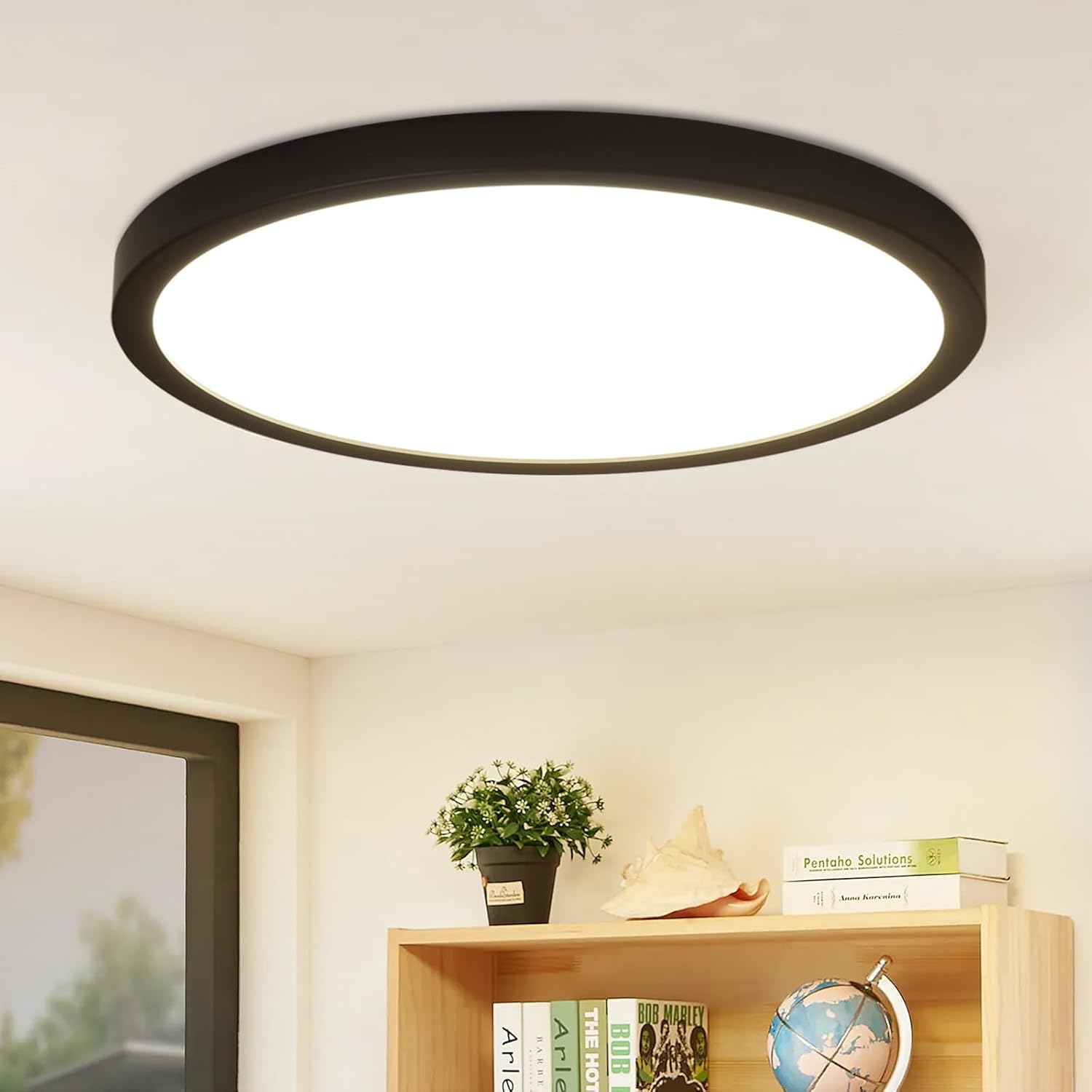 ZMH Okrągła lampa sufitowa LED w kolorze czarnym 24W nowoczesna neutralna biel 4000K IP44 ultracienka średnica 23cm do kuchni biura salonu łazienki