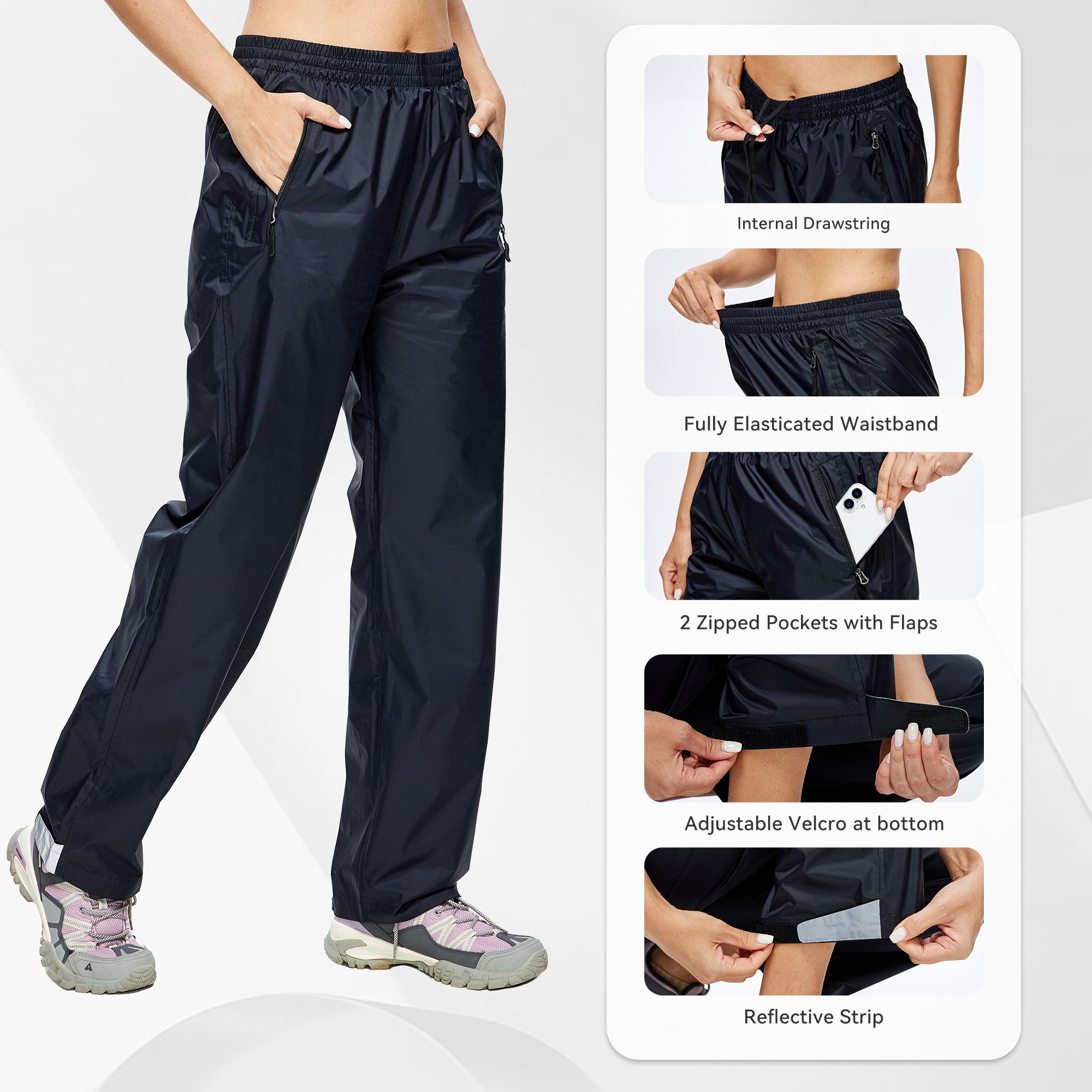 Pantalon de Travail/Pluie Taille 38 Imperméable et Pliable Femme - Léger, Respirant et Coupe-vent, avec Sac de Rangement - Noir M - 5