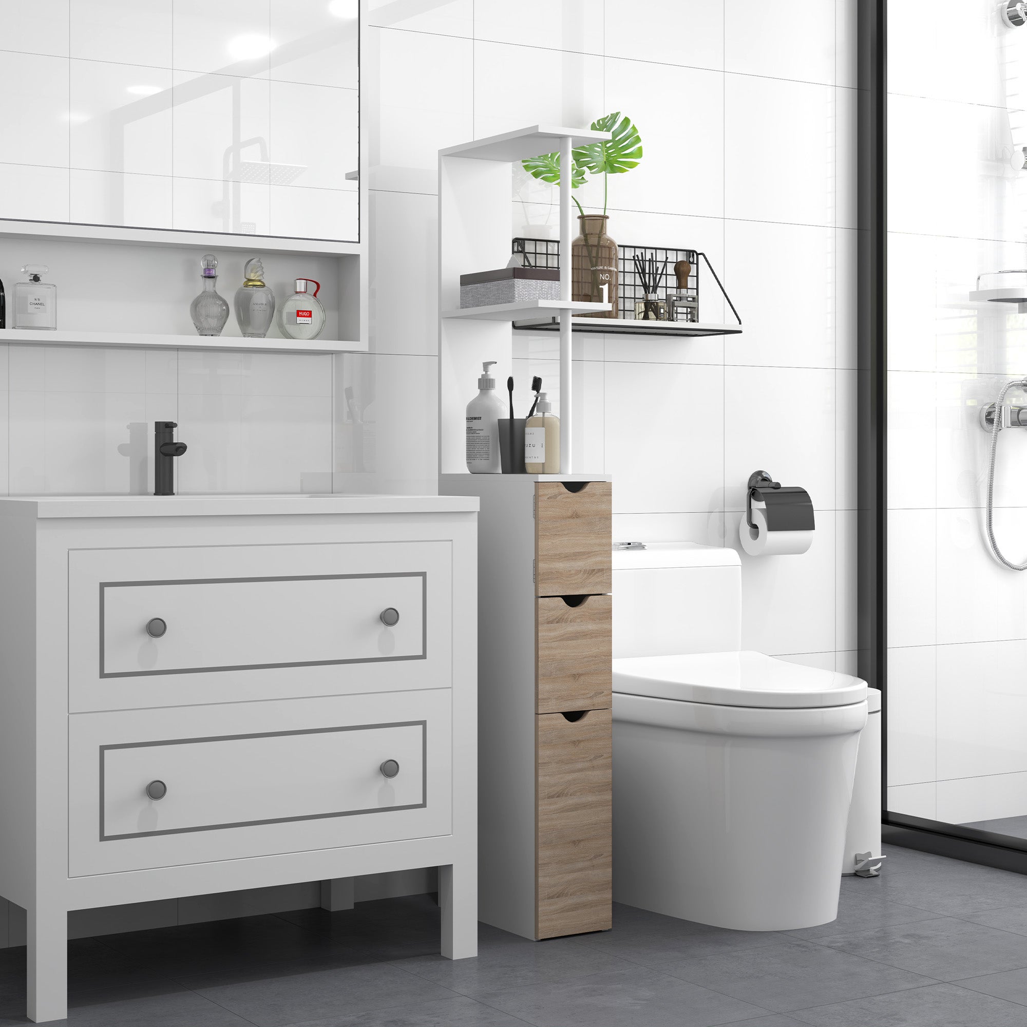 Meuble colonne salle de bain armoire de salle de bain avec tiroirs étagères ouvertes placard 15 x 33 x 136,8 cm blanc - COMFORTXL - 4