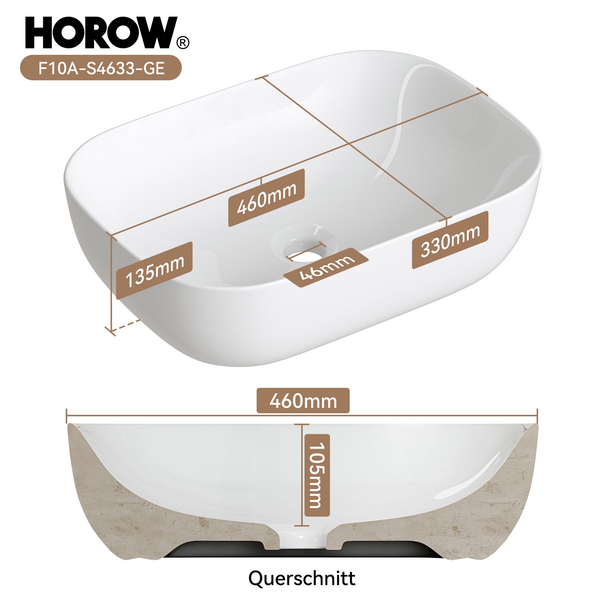 HOROW Lavabo ovale à poser, blanc, 46 x 33 x 13,5 cm, cuit au feu, résistant aux rayures, à écoulement rapide, sans trou de robinetterie ni trop-plei - 8