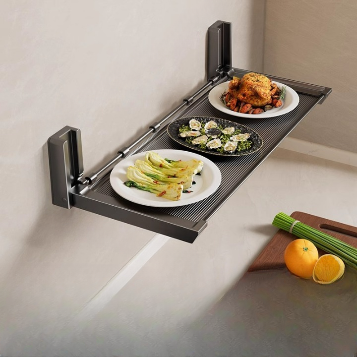 Półka ścienna na warzywa kuchenne bez otworów, wielopoziomowa, składana + 5 haczyków, ciemnoszara, 48*18*8 cm