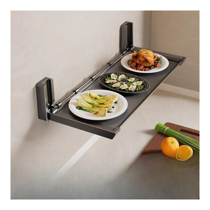 Półka ścienna na warzywa kuchenne bez otworów, wielopoziomowa, składana + 5 haczyków, ciemnoszara, 48*18*8 cm