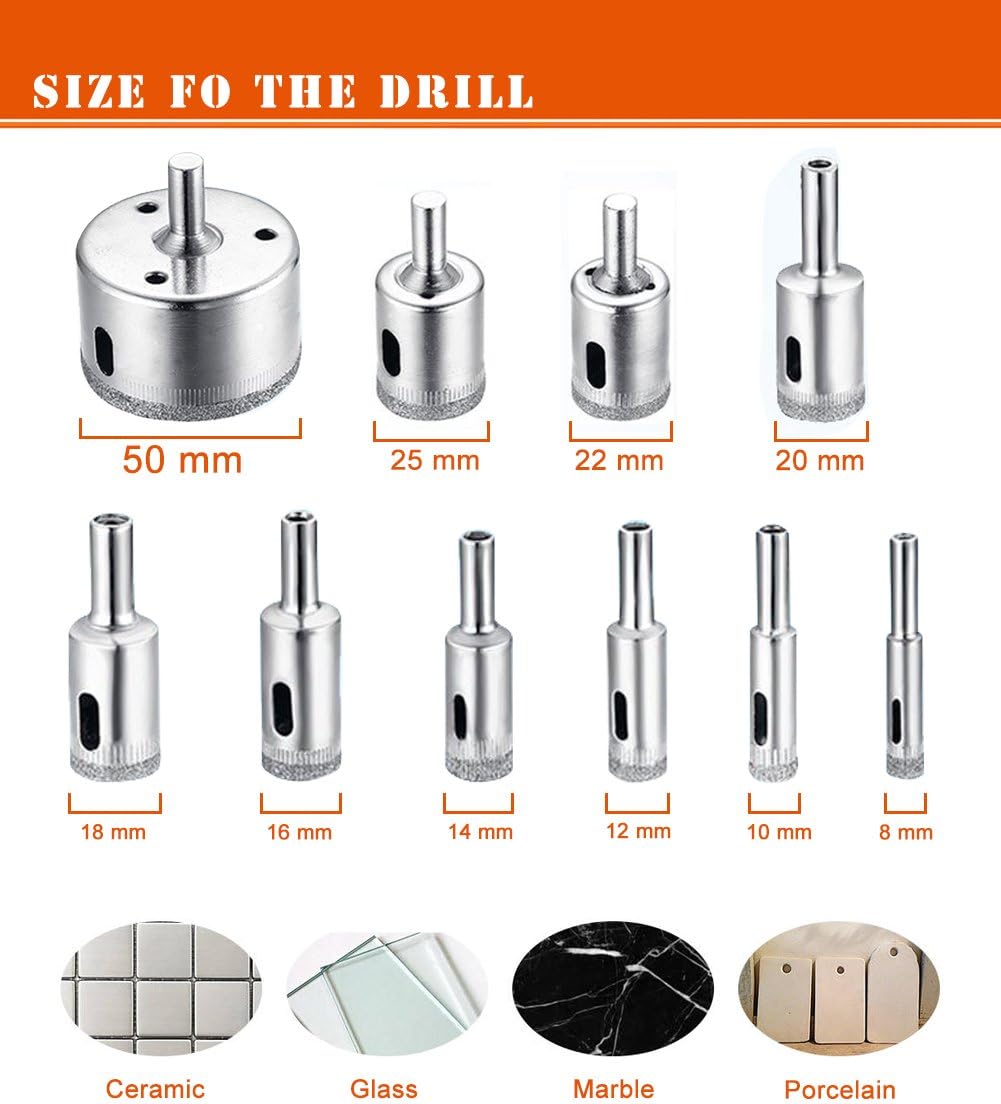 Foret diamanté, Scie-cloche Lot d'accessoires de forets pour verre/carrelage/marbre/porcelaine de coupe,acier inoxydable Carbone 8-50 mm 10 pièces - 2