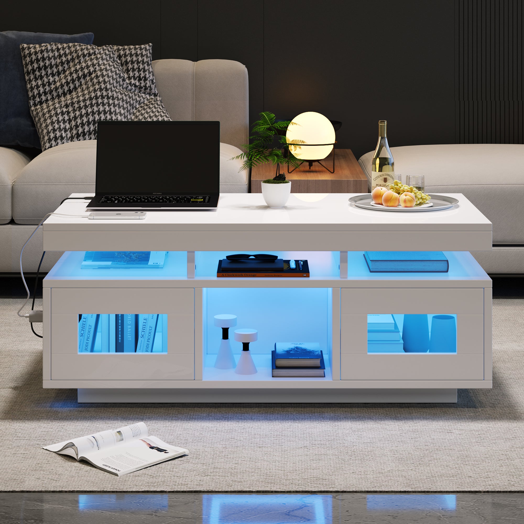 Stół kawowy wysoki połysk 100x50x43cm - z 2 drzwiami - oświetlenie LED - z portem do ładowania i gniazdem - biały