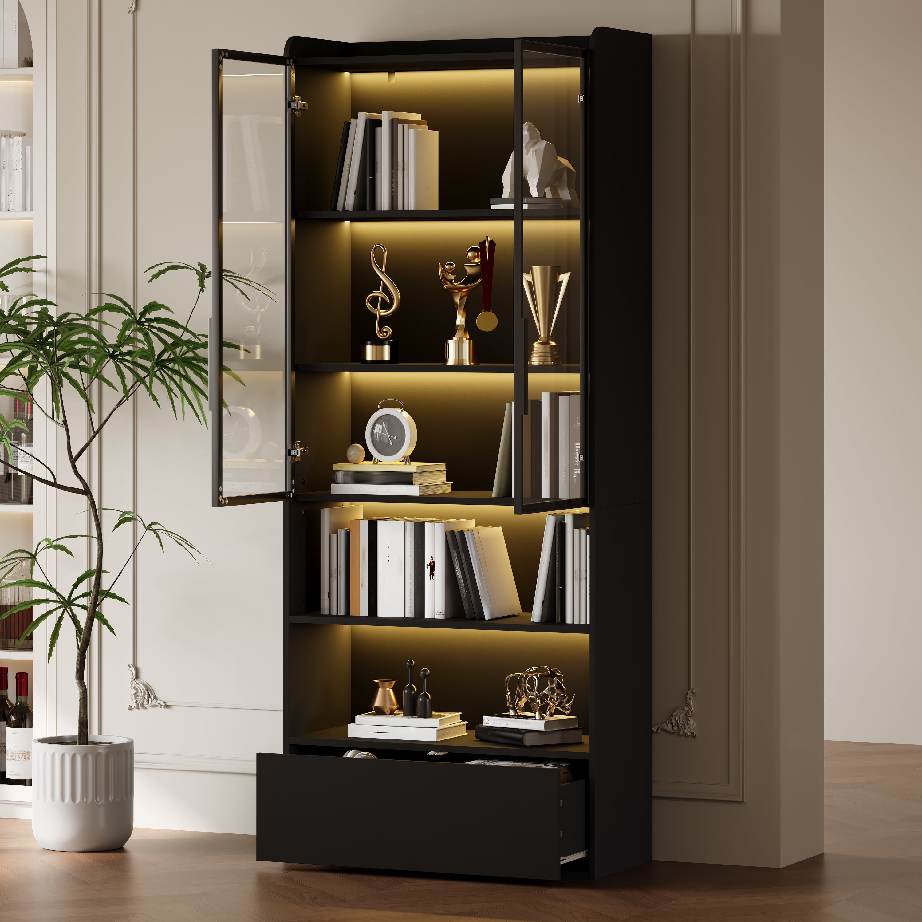 Witryna 80x34x180 cm - z oświetleniem LED - 1 szuflada i 2 szklane drzwi - otwarte półki - MDF - Czarny