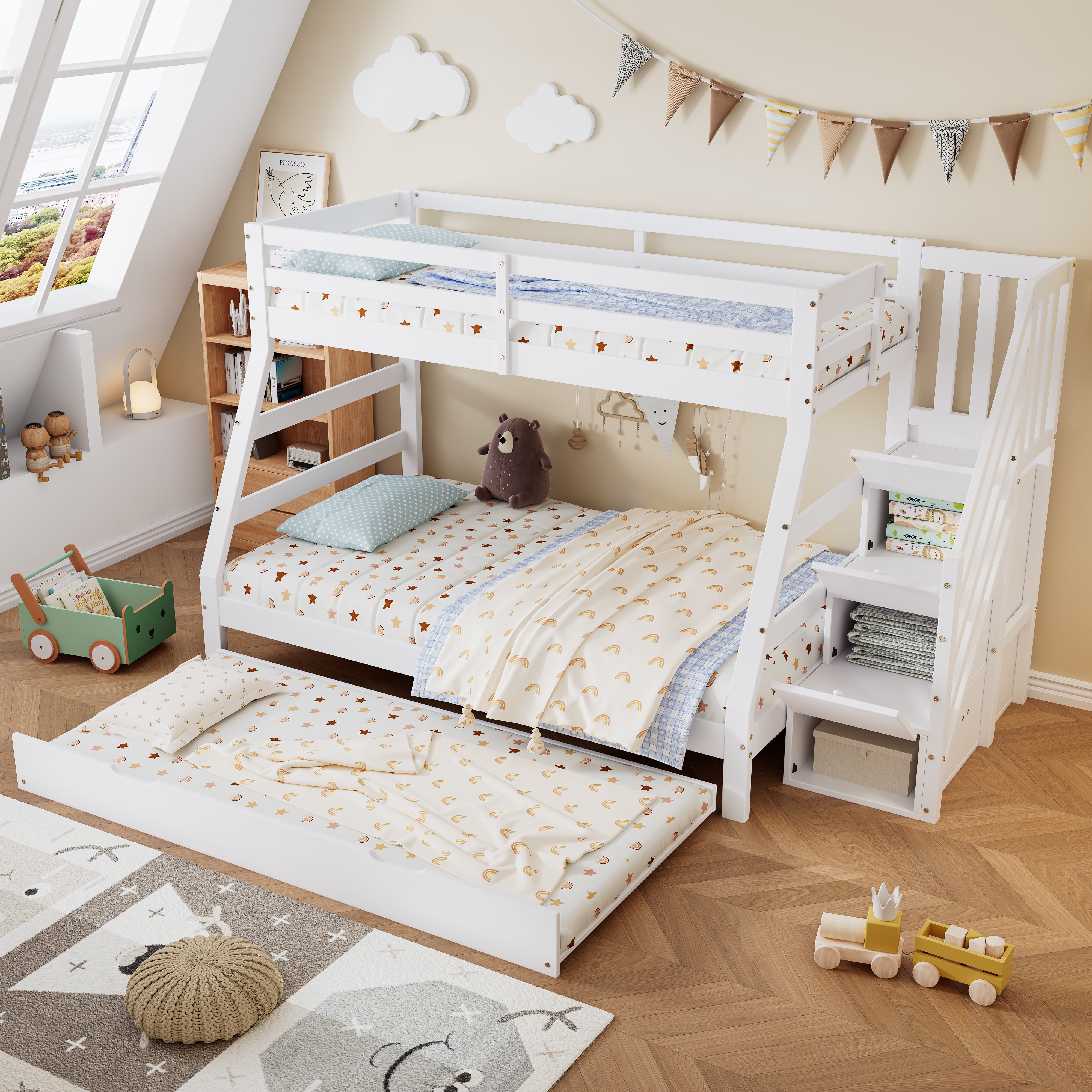 Letto a castello 90/120x200CM con letto estraibile, letto per bambini con scaletta, armadio e corrimano, bianco - 3