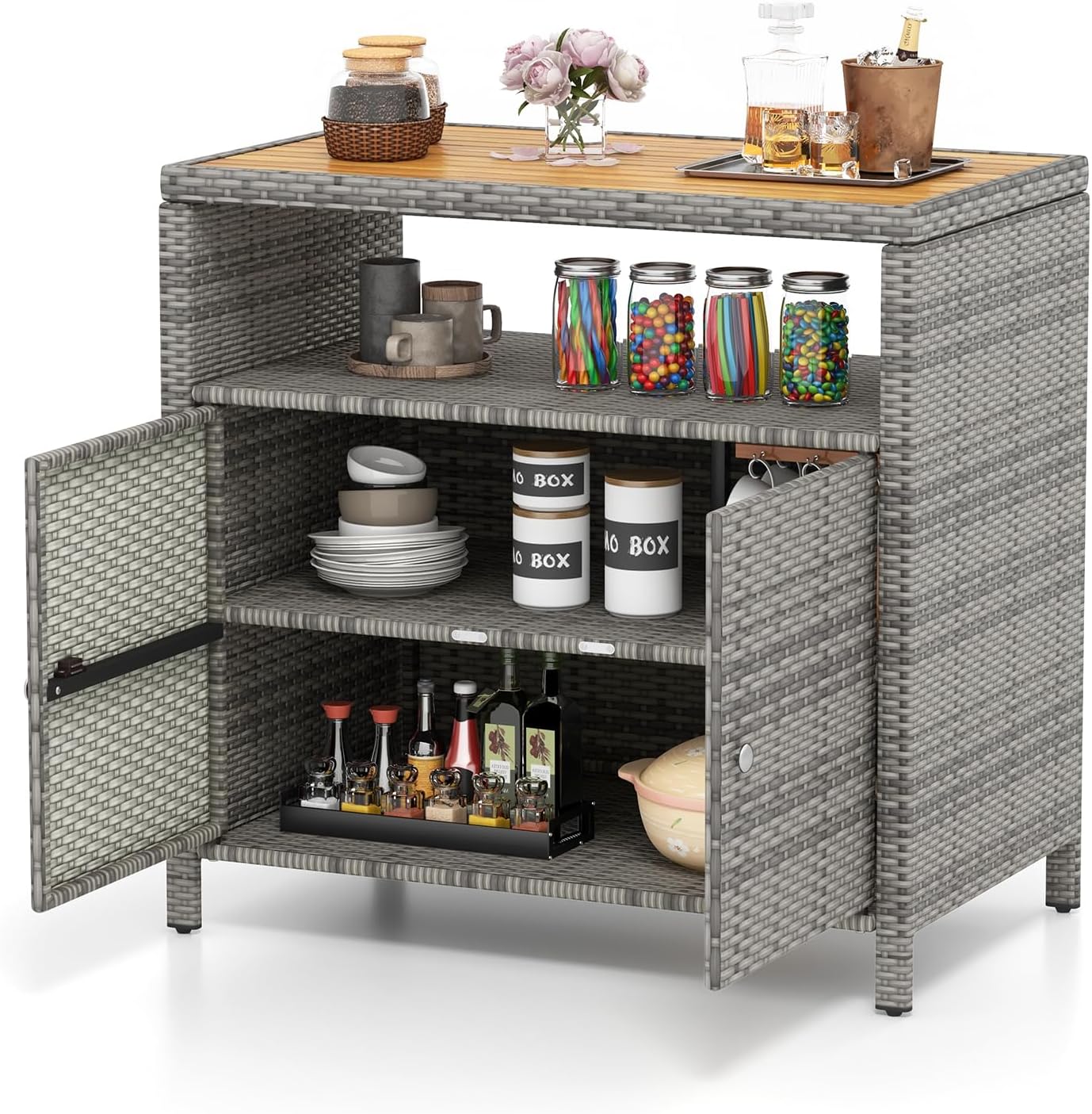 Armoire De Jardin COSTWAY En Rotin Avec Plateau Bois D'Acacia - Rangement Extérieur 90kg