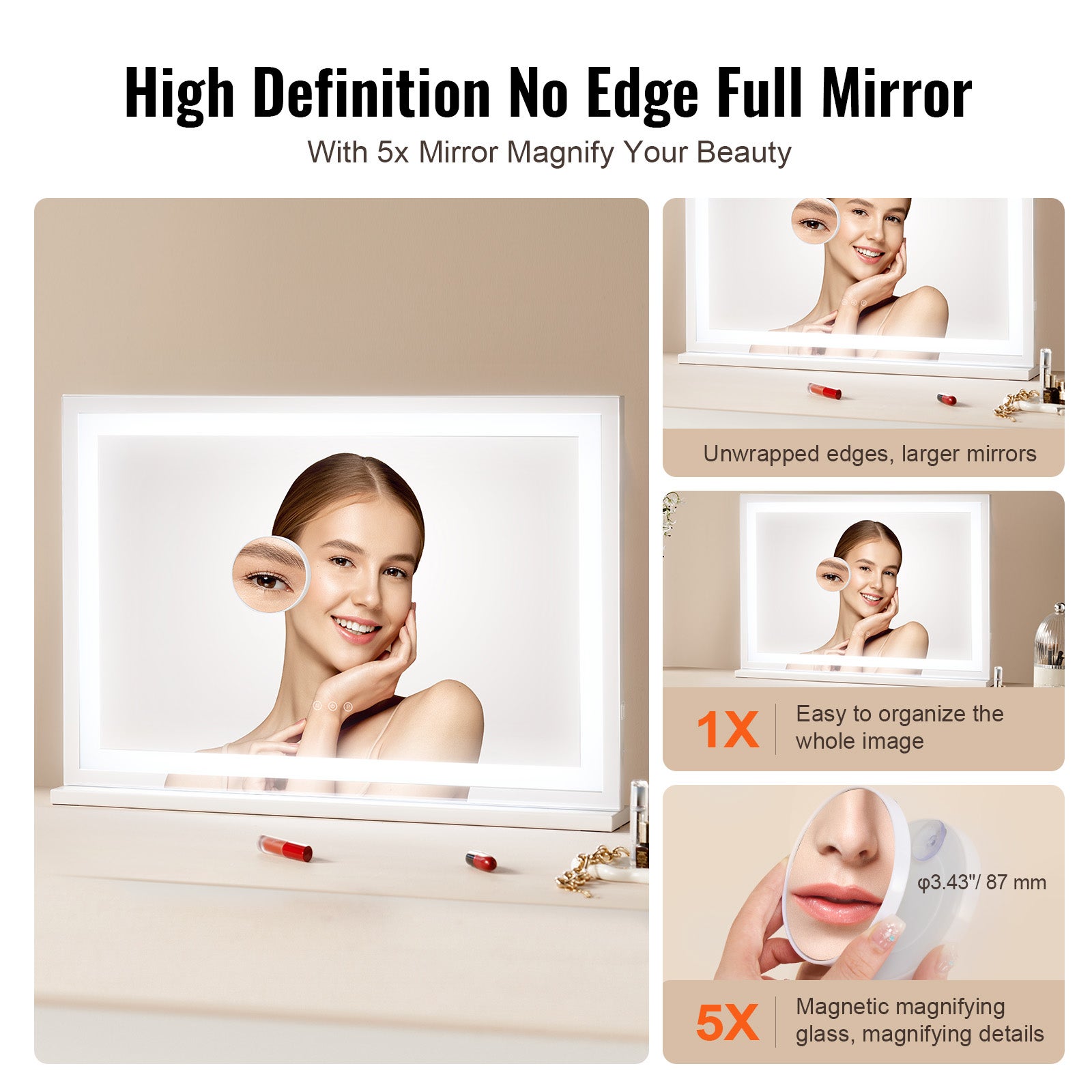 Miroir de Maquillage Hollywood,VEVOR 3 Modes Couleur,Lumière LED Studio Cosmétique,Miroir Grossissant 5X,Port USB,Contrôle Tactile,Support - 3