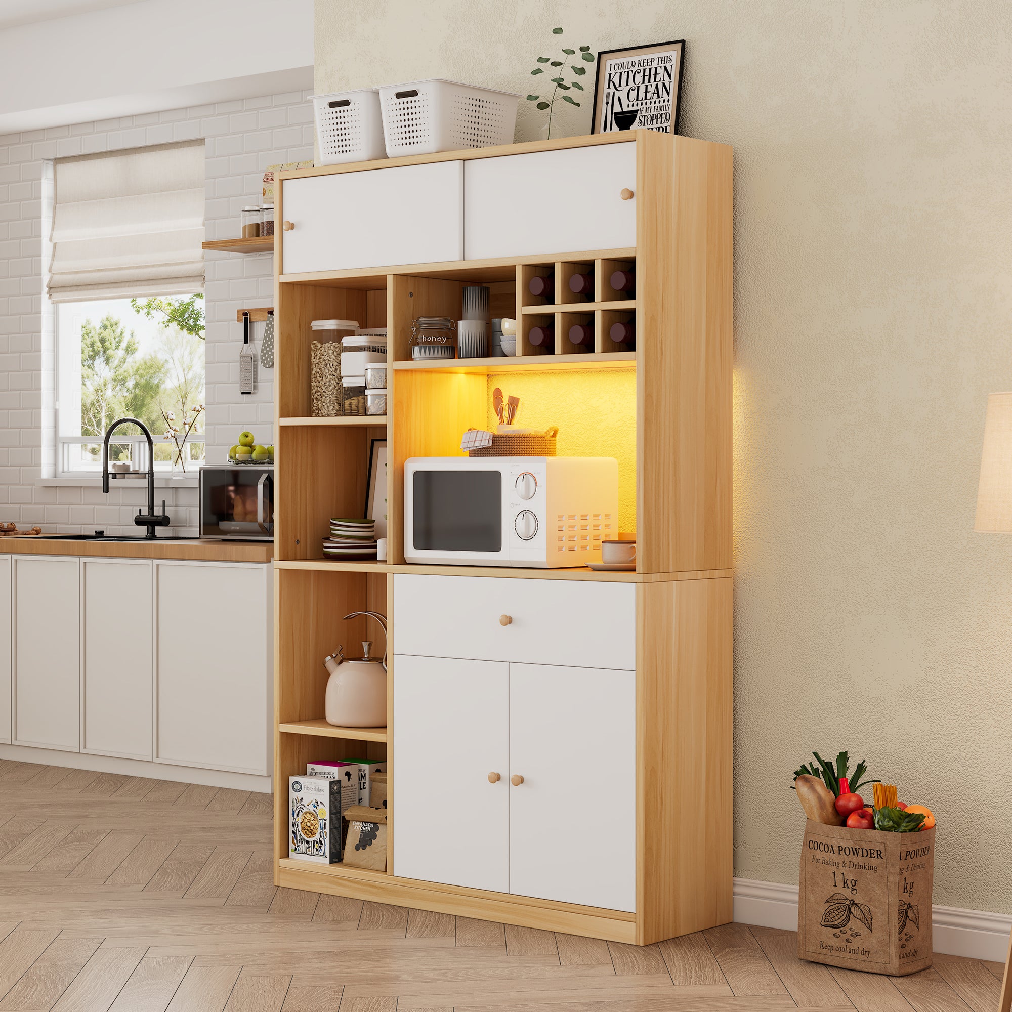 Kredens kuchenny z 4 drzwiami, 1 szufladą, regałem na wino i półkami - 115 x 35 x 180 cm - diody LED - Płyta wiórowa - Biały + naturalny - 9