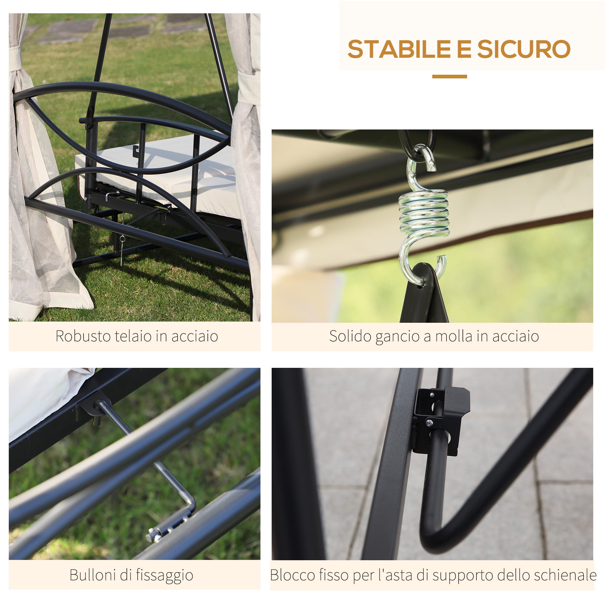 Outsunny Mini Gazebo Con Divano Letto A Dondolo Zanzariera Doppio Tetto Cuscini Imbottiti Da Giardino Acciaio 256 X 172 X 248 Cm - 8