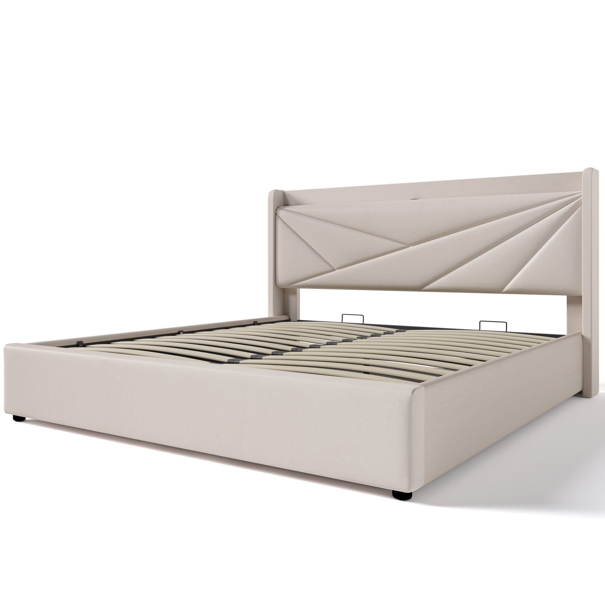 Cama contenedor de tela de lino 160x200 cm - con puerto USB y somier - Beige - 9