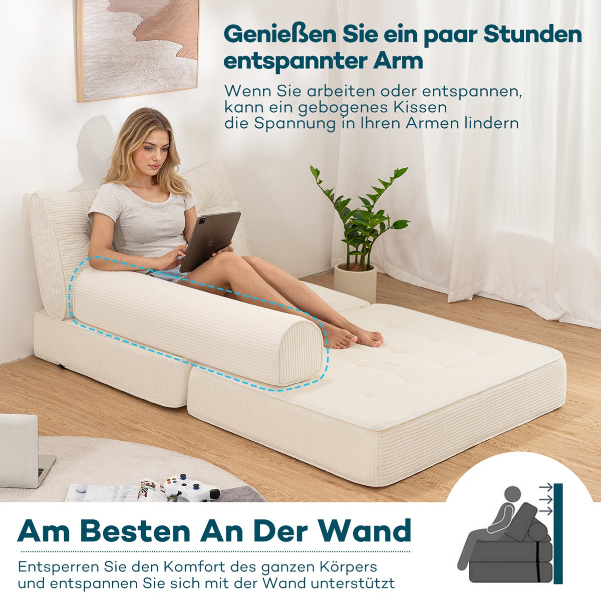 Canapé Convertible 3-en-1, Lit d'appoint avec Coussin, Fauteuil-Lit, Canapé Lounge Confortable pour Chambre et Salon, Blanc - 4