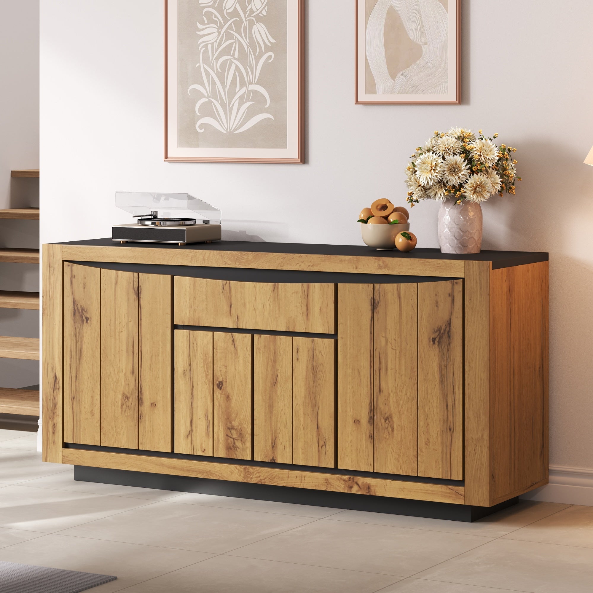 Buffet 140x38,5x52 cm - 4 portes et 1 tiroir - Commode 5 tiroirs - Finition bois - MDF - Naturel + Noir - 2