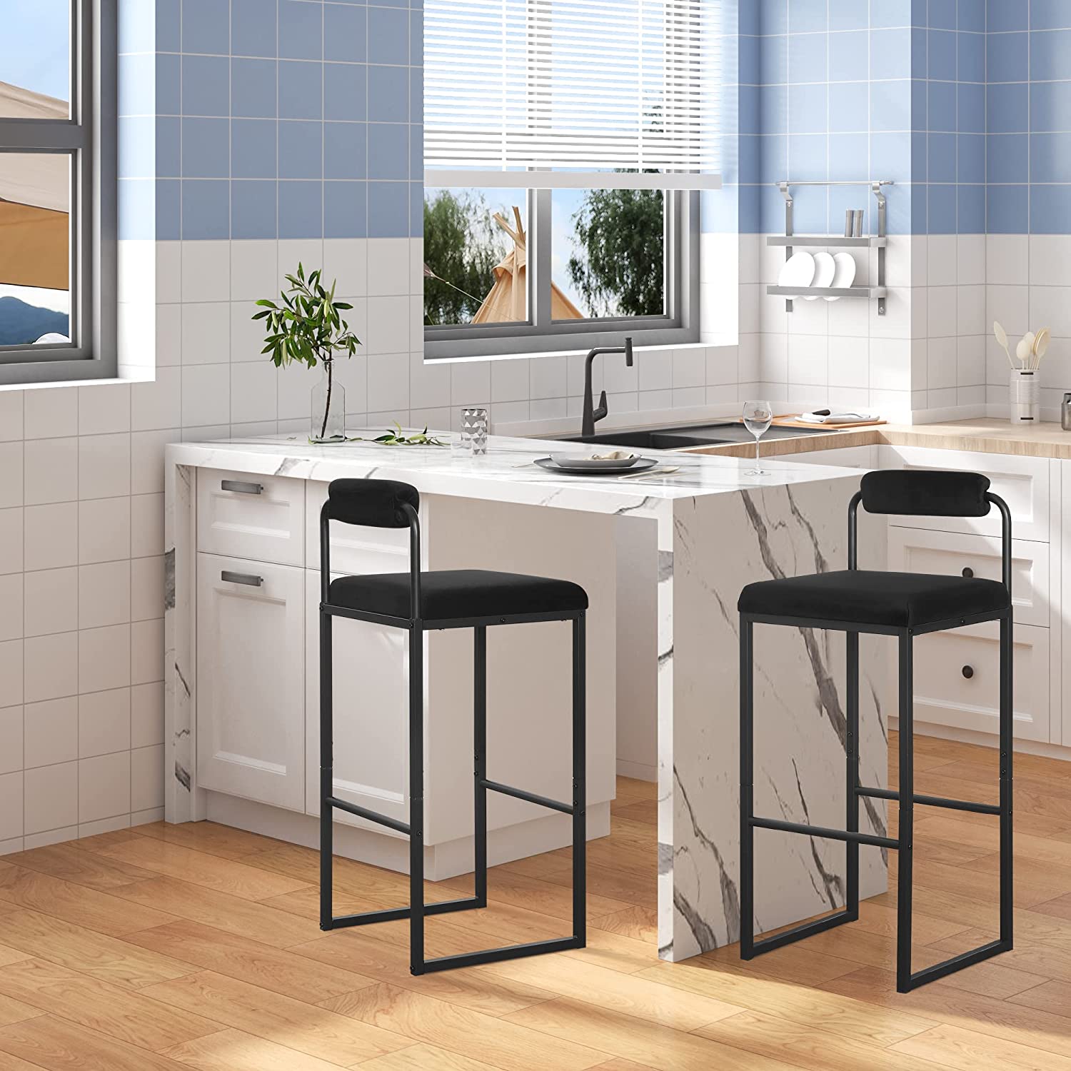 Lot de 2 Tabourets de Bar en Velours et Métal WOLTU, Chaise Haute Bar, Design Moderne, Hauteur du Siège 75cm, Noir - 2