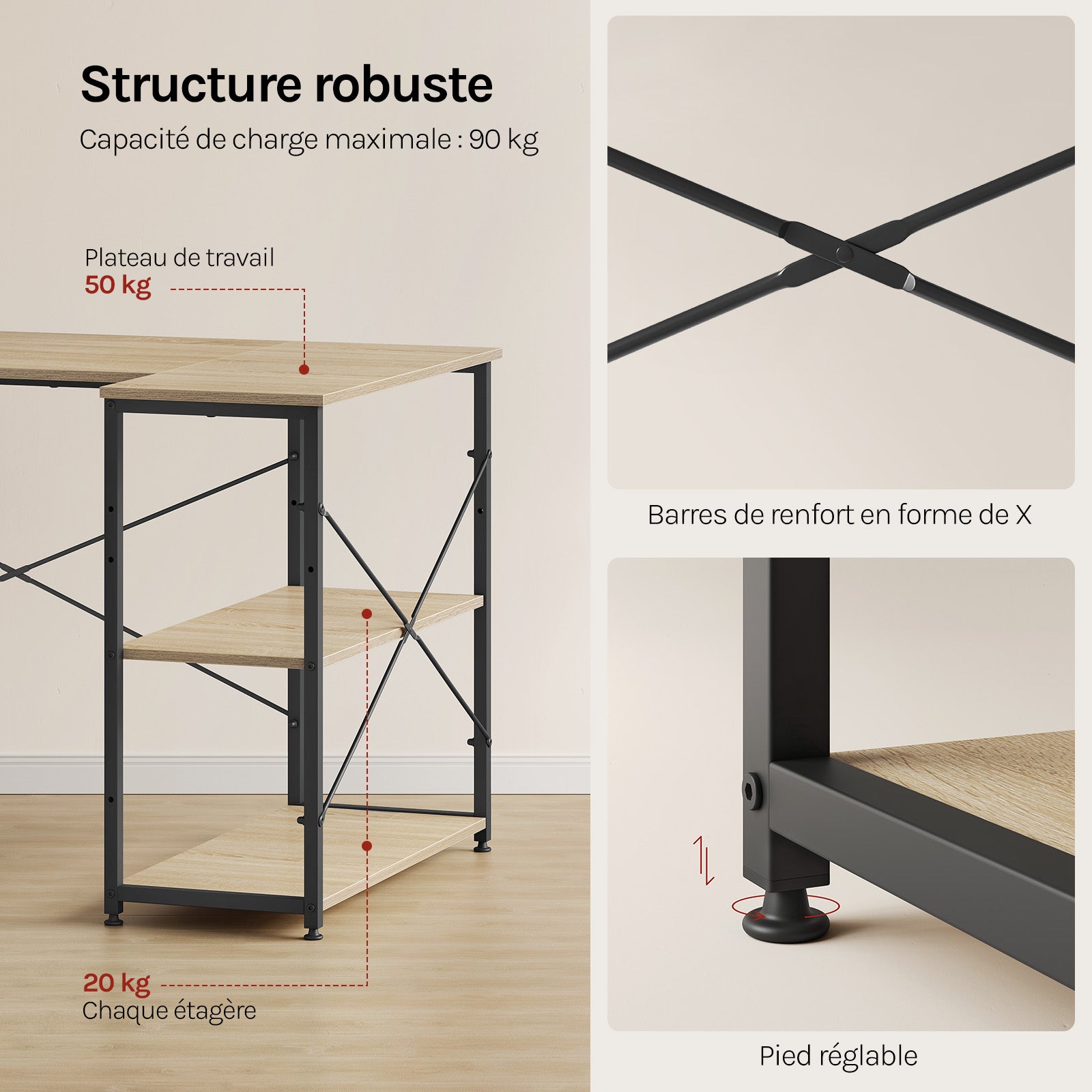 Table de bureau 120x74x71,5cm en bois et acier,Bureau d’ordinateur,Bureau informatique avec étagère,Noir+chêne clair,WOLTU - 5