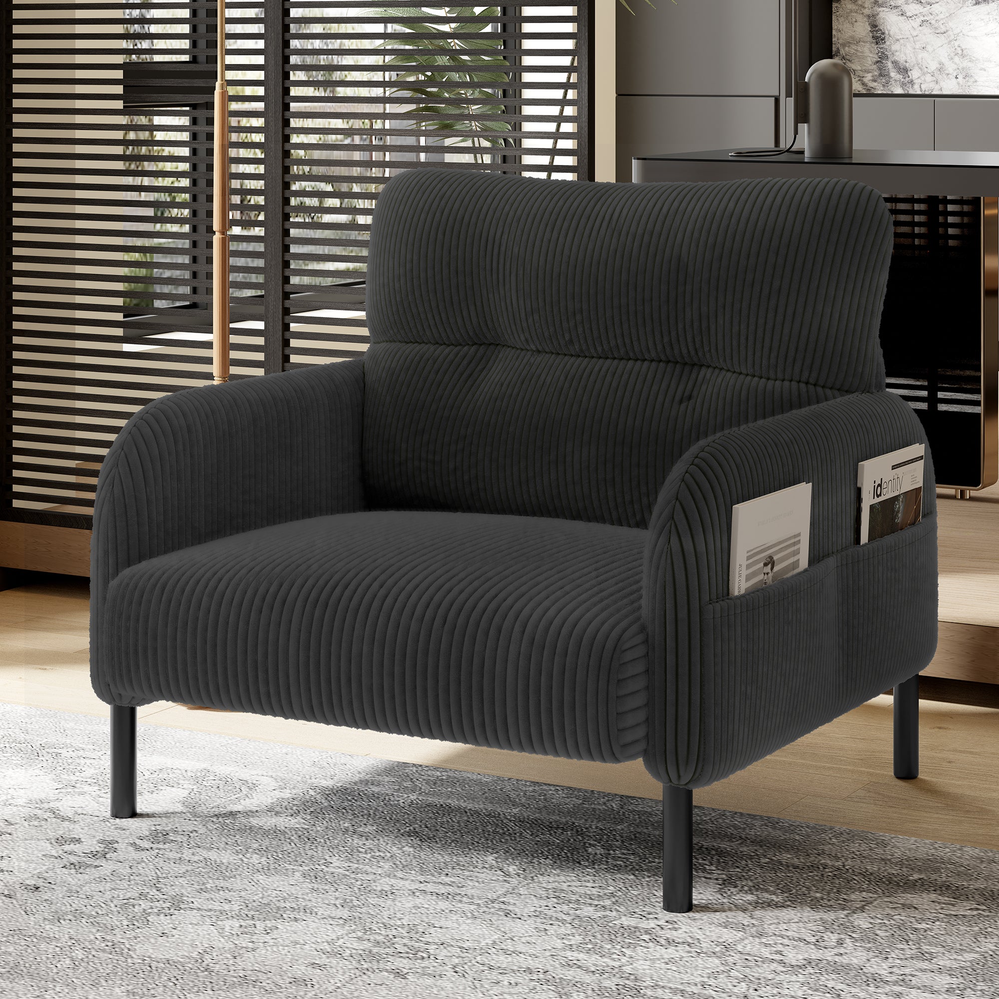 Fotel z podłokietnikami i kieszeniami bocznymi - 67 x 75 x 79 cm - Sztruks i metalowe nogi - Szary