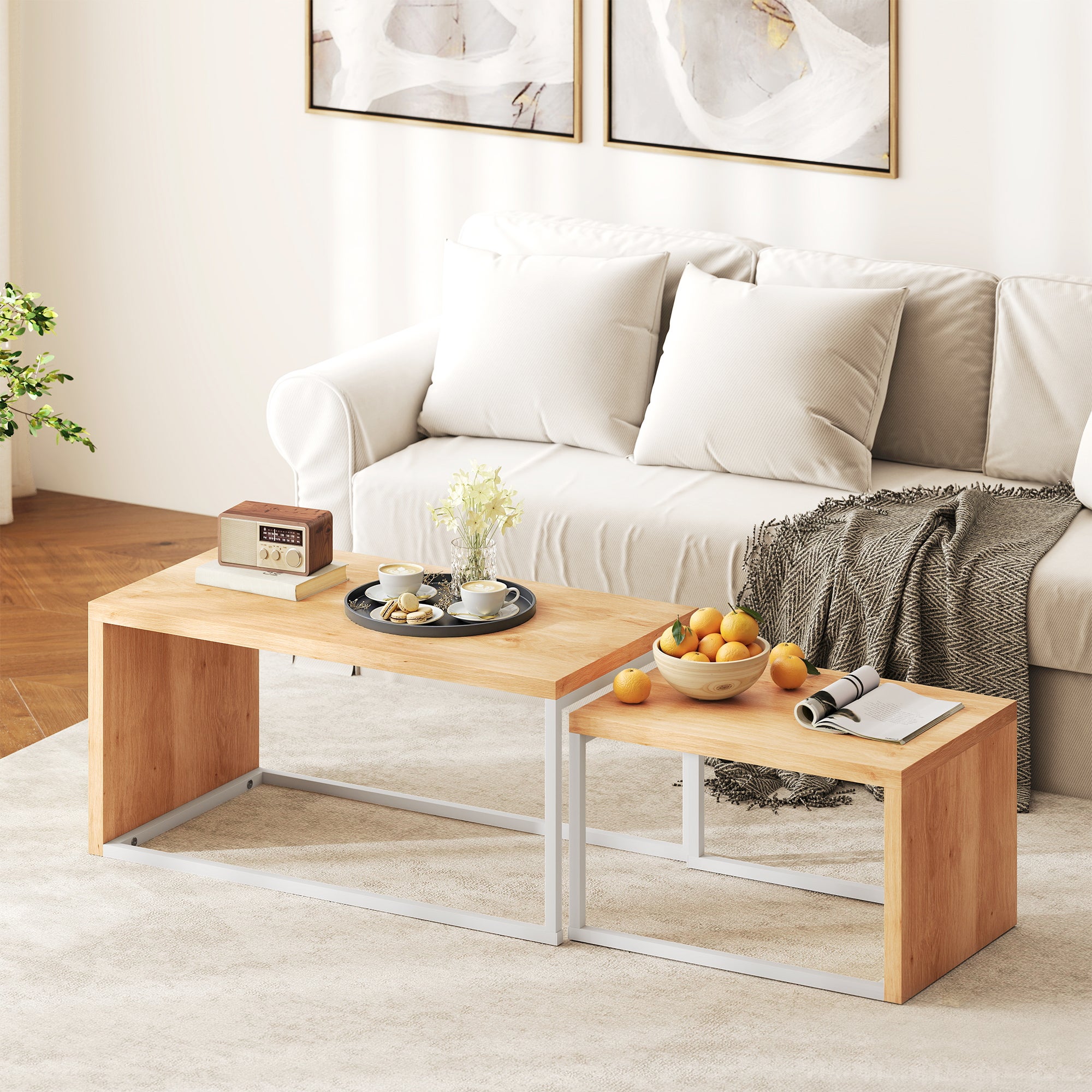 Homcom Mesas De Centro Melamina De Madera, Metal Natural Y 90X48x42 Cm 839-082V01nd Blanco , Leroy Merlin