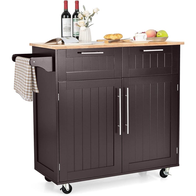 Wózek Kuchenny na Kółkach, Drewniany Wózek na Kółkach z Szafką, 3 Regulowane Regały, 2 Szuflady, Wieszak na Ręczniki, 94 x 45 x 94,5 cm, Brązowy