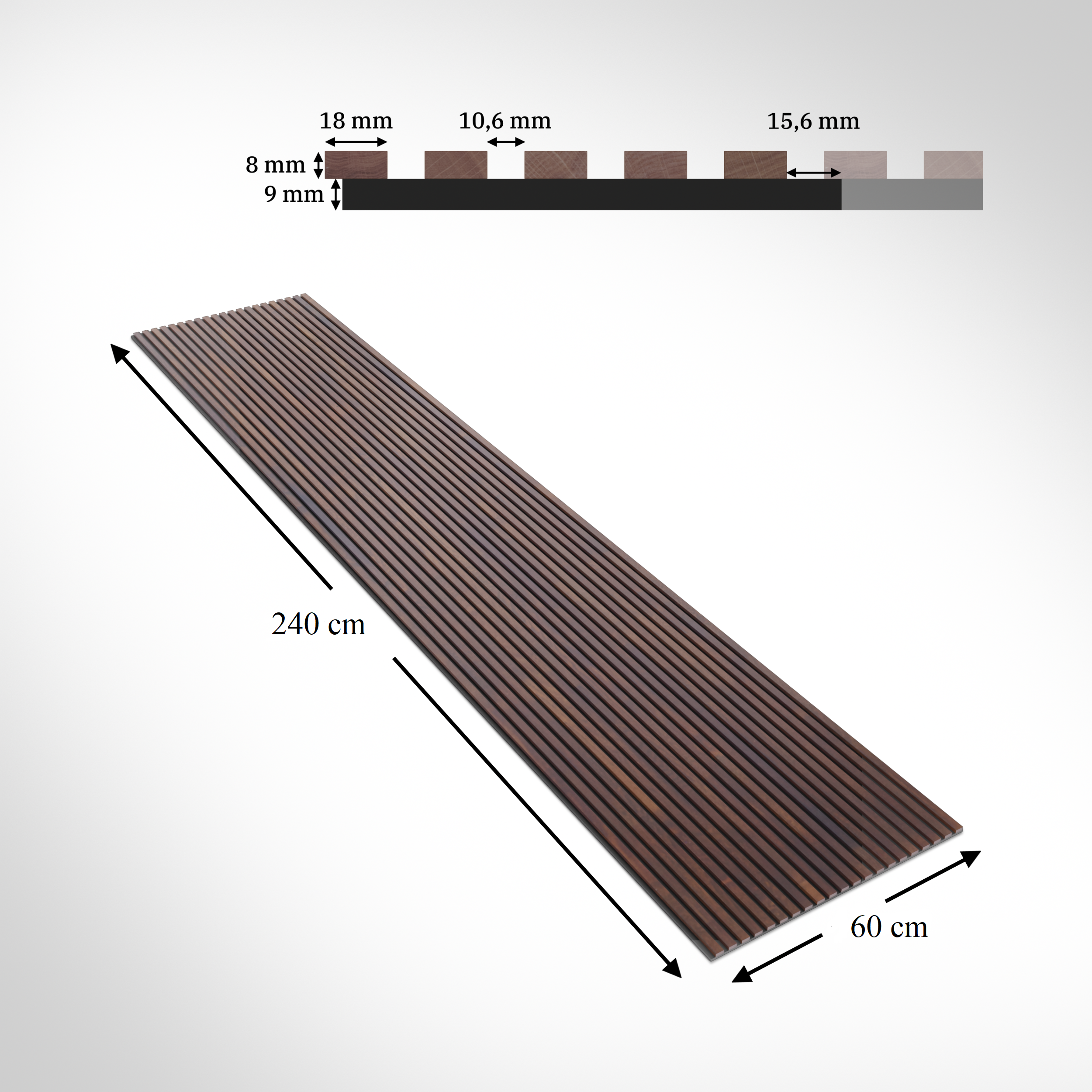 Panneau Tasseau Acoustique en Bois - Bois de Bouleau Massif - 2400x600mm - Lattes 18mm, Support en Feutre Noir - 2