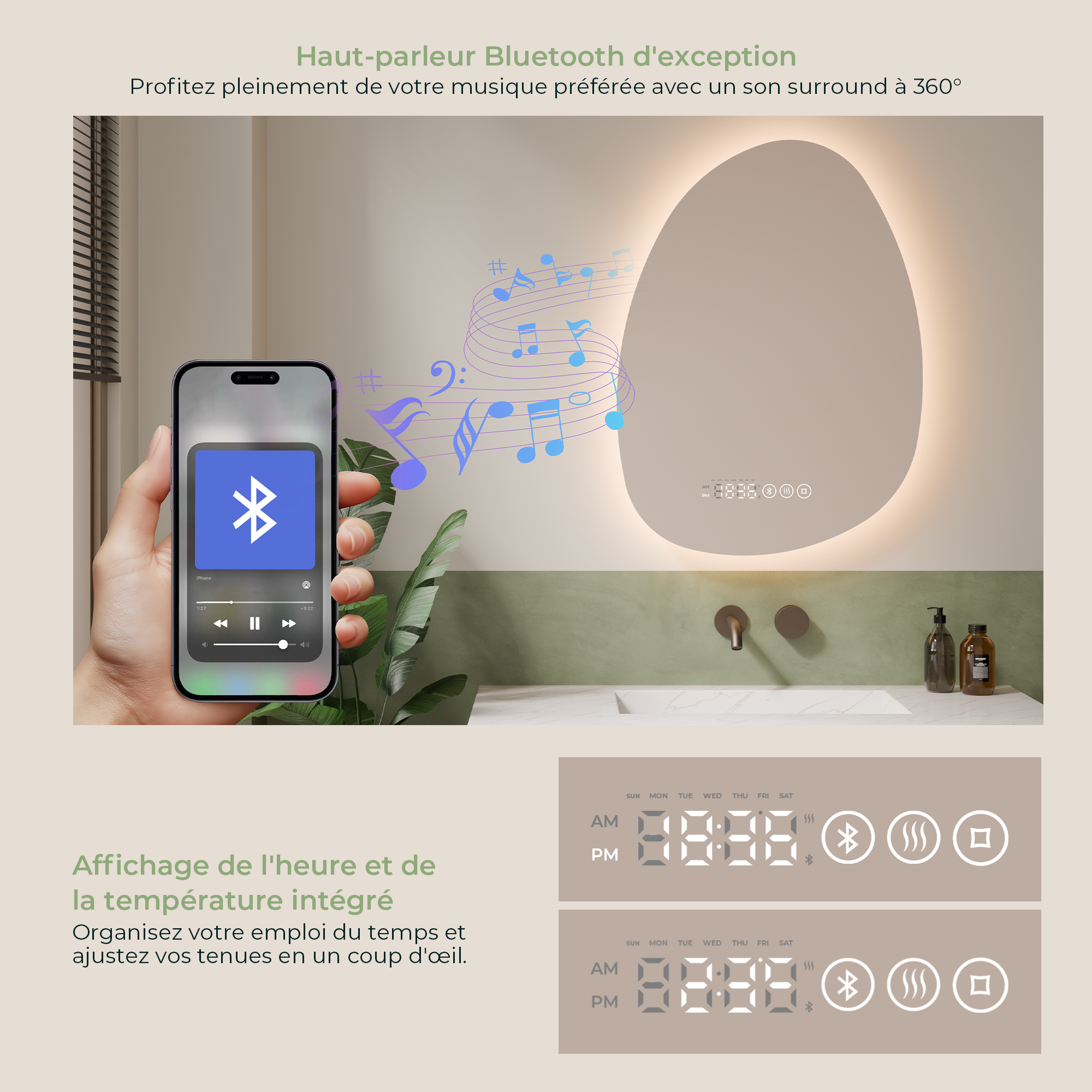 S'AFIELINA Miroir de Salle de Bain avec Éclairage Asymétrique 75 x 55 cm, 3 Couleurs de Lumière Réglables, Antibuée, Bluetooth, Horloge, Température - 4