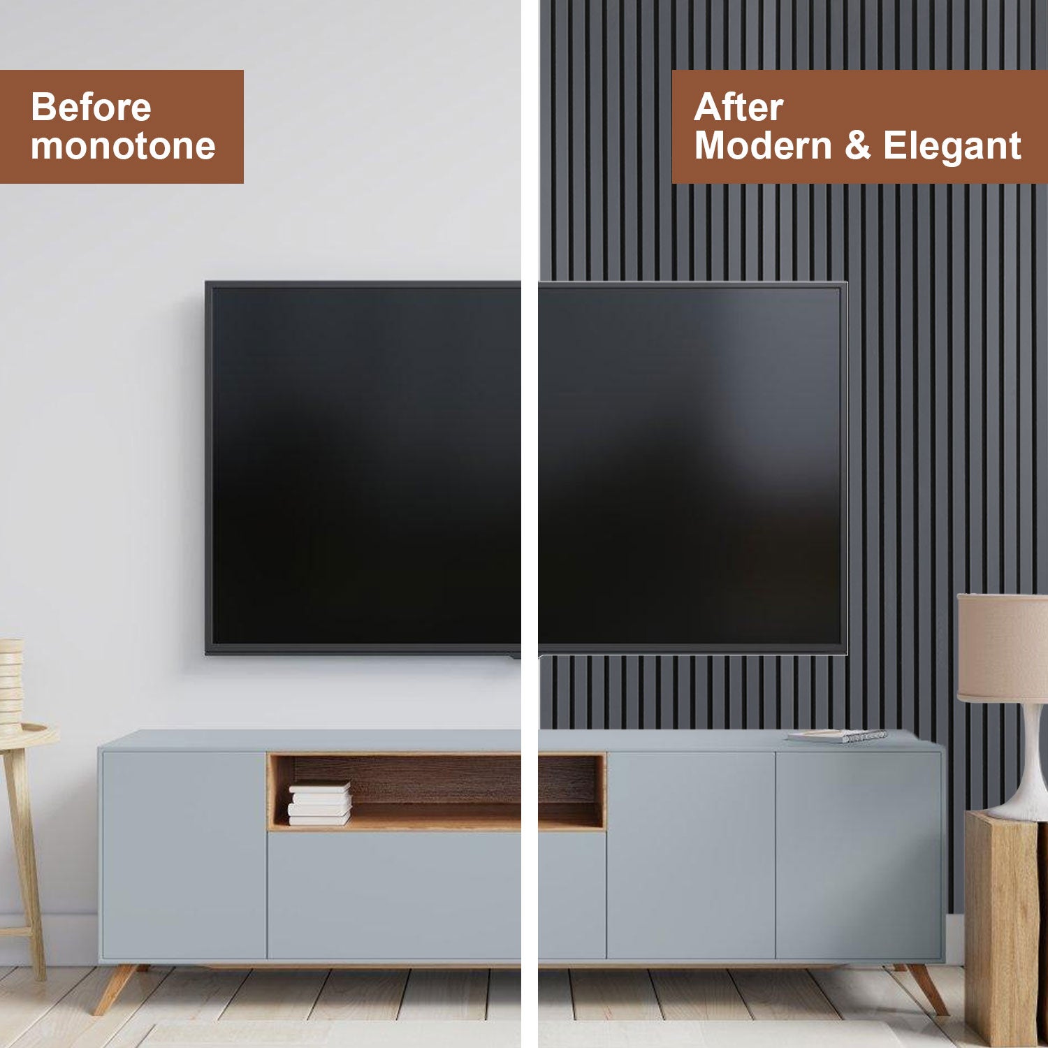 Panel de lamas Revestimiento mural natural Moderno panel mural acústico de MDF chapado en madera y fieltro 1x 120x60x2.1cm Gris - 4