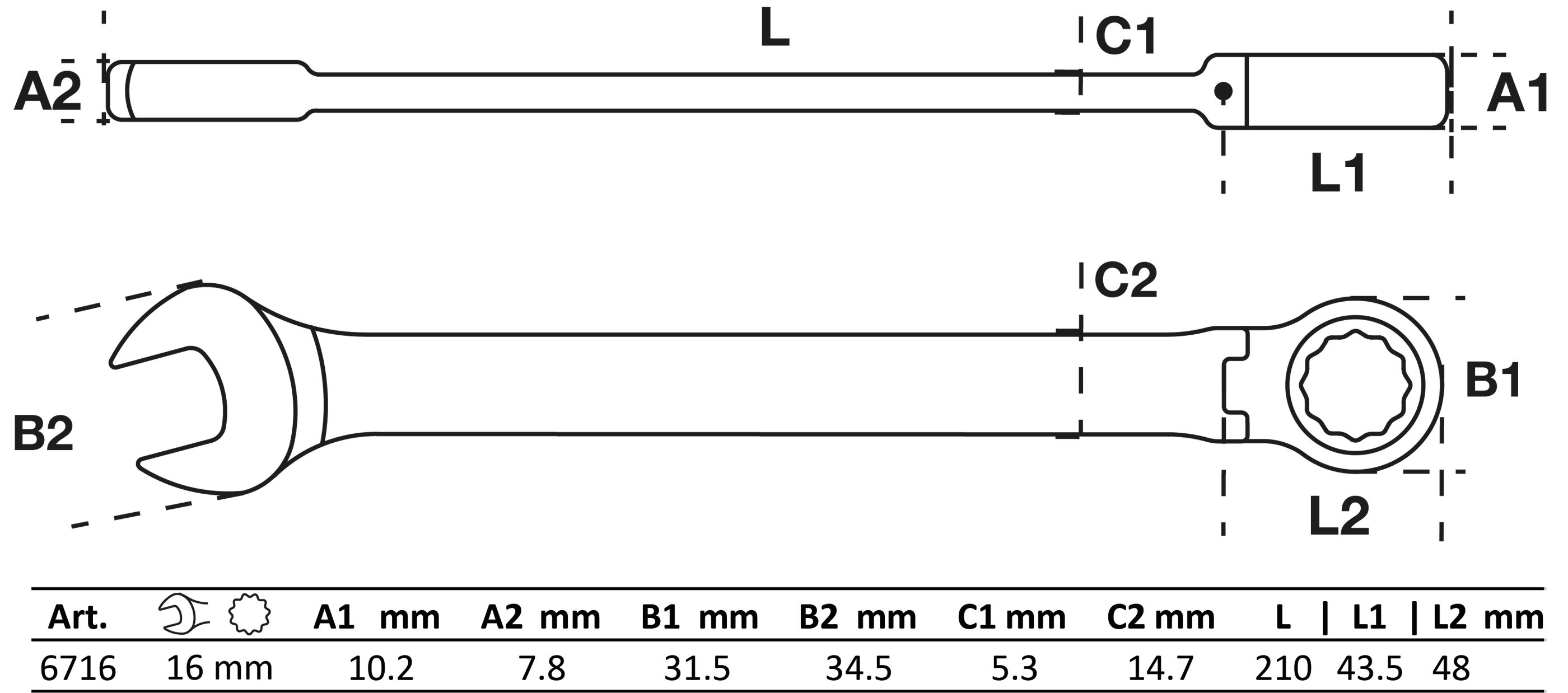Clé mixte à cliquet | à couder | 16 mm - 2