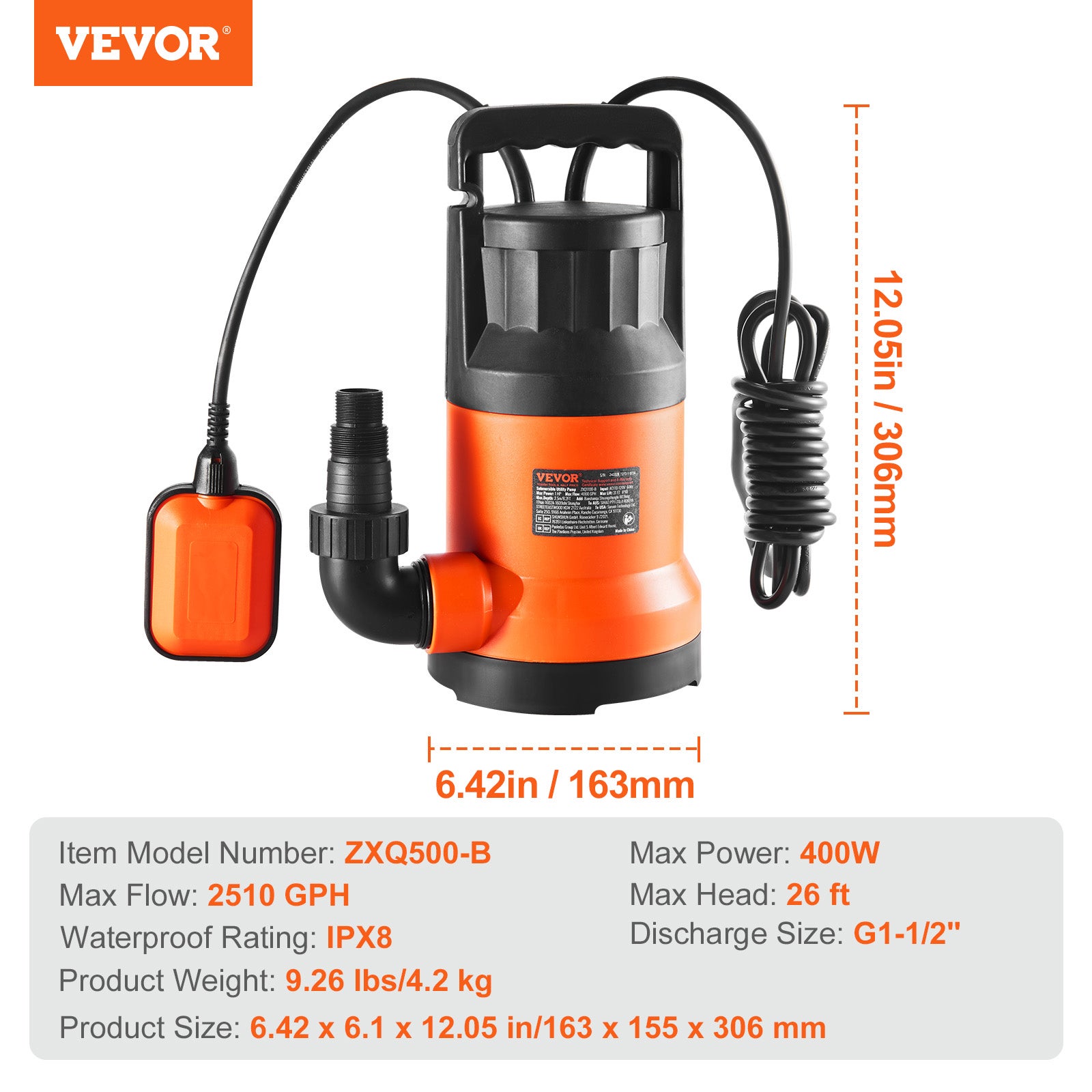 Pompe à eau submersible utilitaire,VEVOR 400 W,pompe de puisard,9500 L/H,hauteur de refoulement max. 7,9 m,câble d'alimentation de 3 m - 7