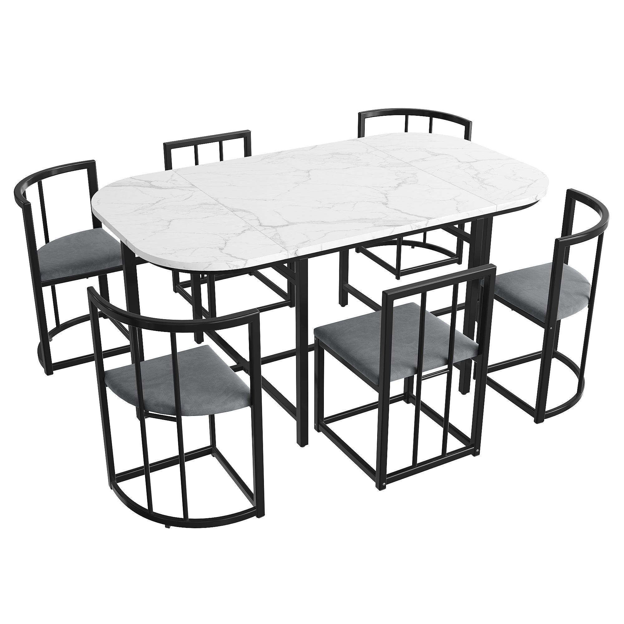 Set tavolo da pranzo con 6 sedie - 140 x 80 x 76 cm - MDF e gambe in metallo nero - Effetto marmo - Bianco + grigio - 6