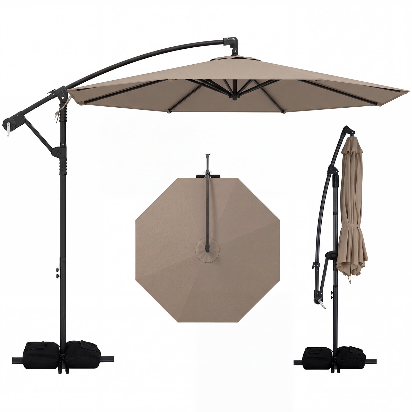 Parasol Deporte Ø 3 M, Parasol ogrodowy na korbę z możliwością obrotu o 360°, stojak, worki na piasek, 8 łopatek wieloryba na patio, plażę, brązowy
