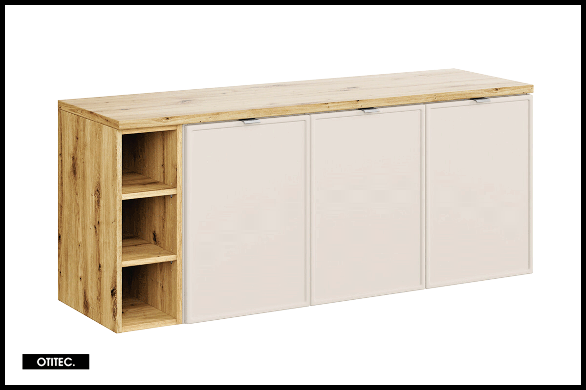 Szafka pod umywalkę nablatową BELLA CASHMERE 120cm kaszmir/dąb artisan - zestaw 140 cm z regałem i blatem