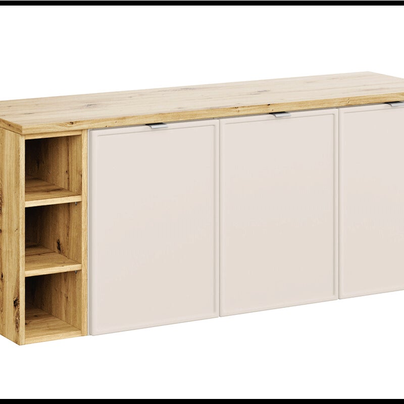 Szafka pod umywalkę nablatową BELLA CASHMERE 120cm kaszmir/dąb artisan - zestaw 140 cm z regałem i blatem