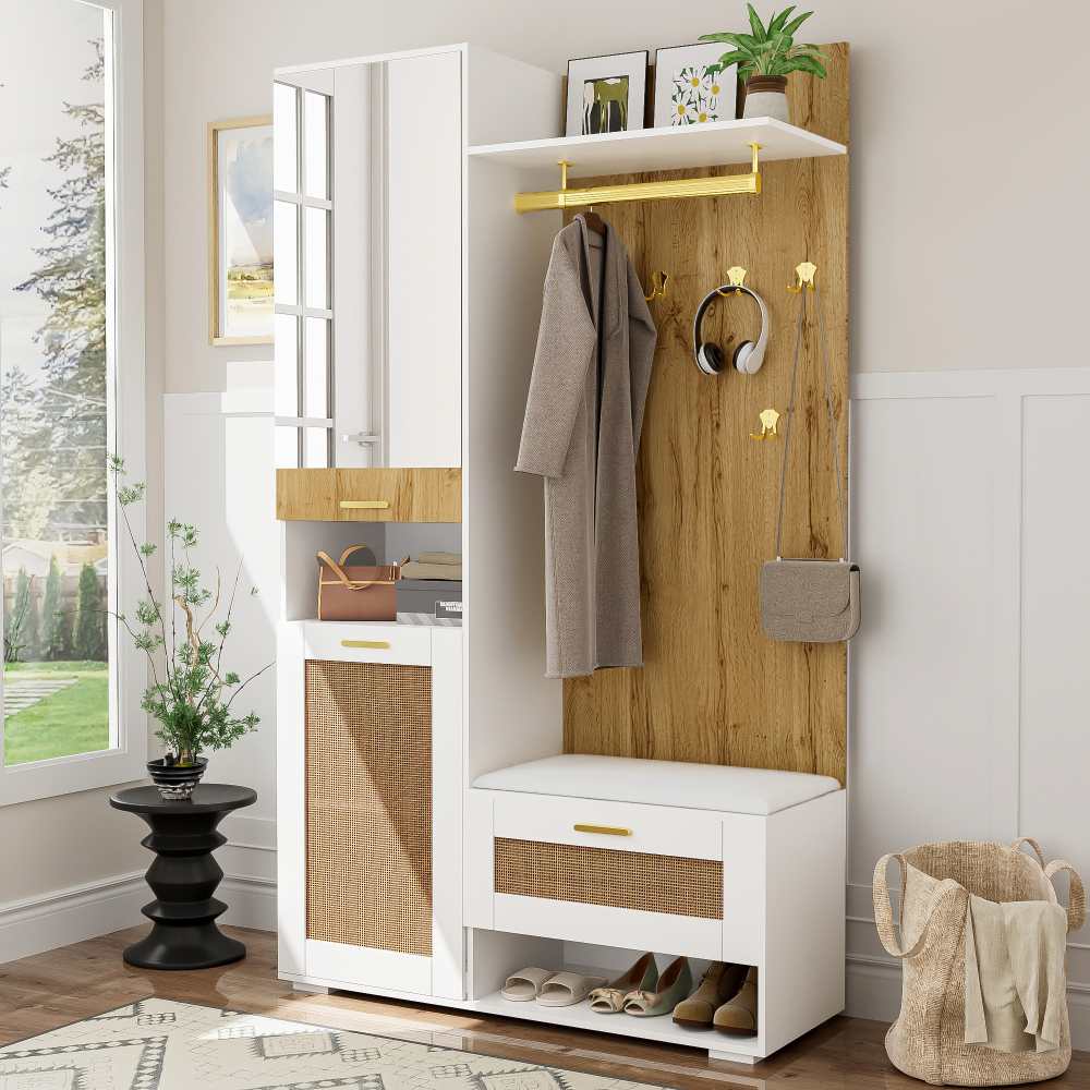 Ensemble de garde-robe moderne Bois et blanc avec miroir, LED, meuble à chaussures et banc - 6