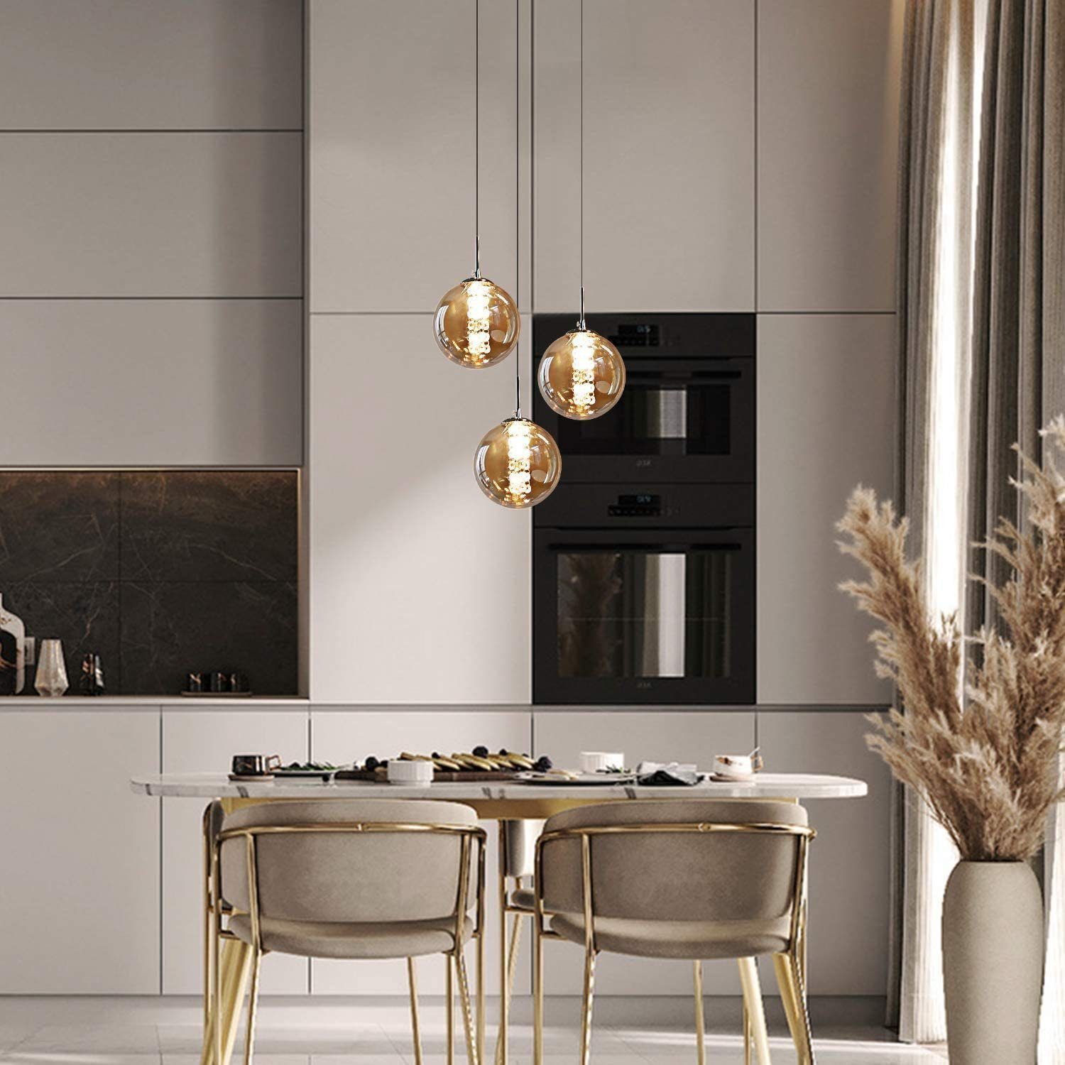 NETTLIFE Suspension en verre ambre Diam.28cm G9 lustre réglable en hauteur 3 lampes en ambre cuisine lampe de salon lampe de chambre lampe - 2