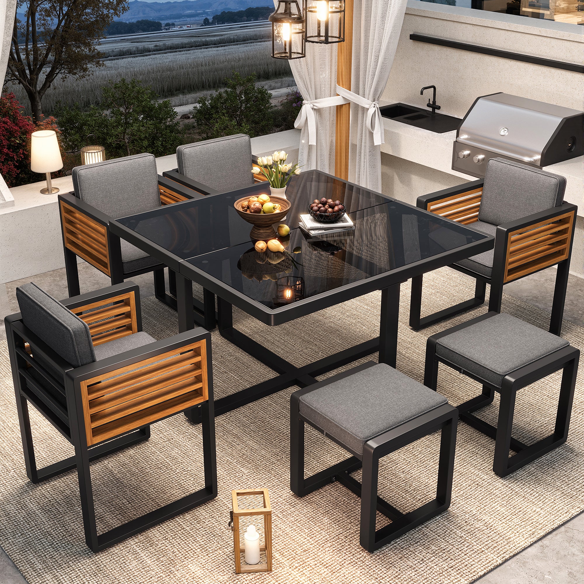 Ensemble de mobilier de jardin, salon de jardin avec 6 chaises et table, ensemble de mobilier de terrasse/balcon pour 6 personnes, ensemble de mobilie - 3