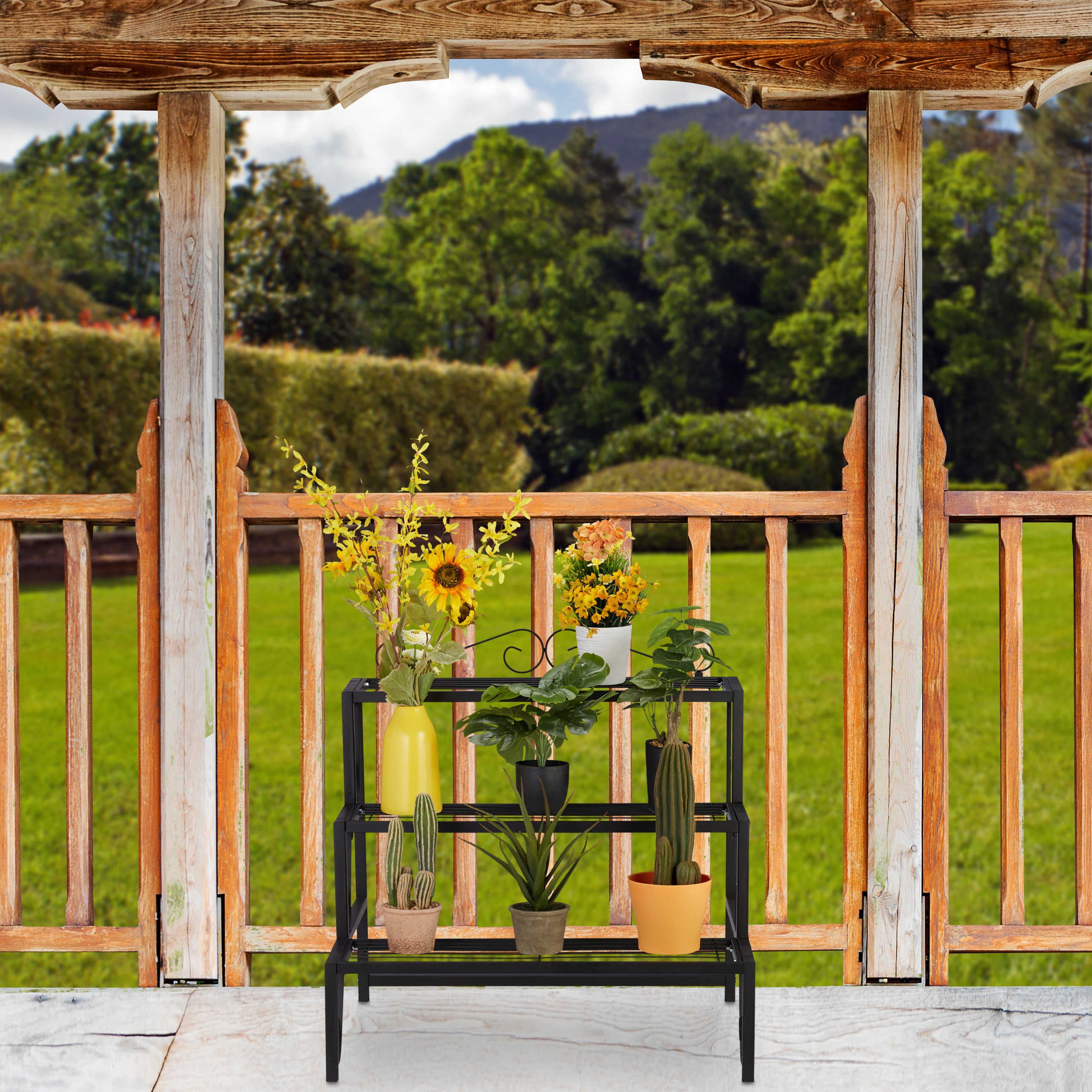 Étagère à plantes en métal, 3 niveaux, pour intérieur et extérieur, avec ornements, 69 x 70 x 60 cm, noire, Relaxdays - 2