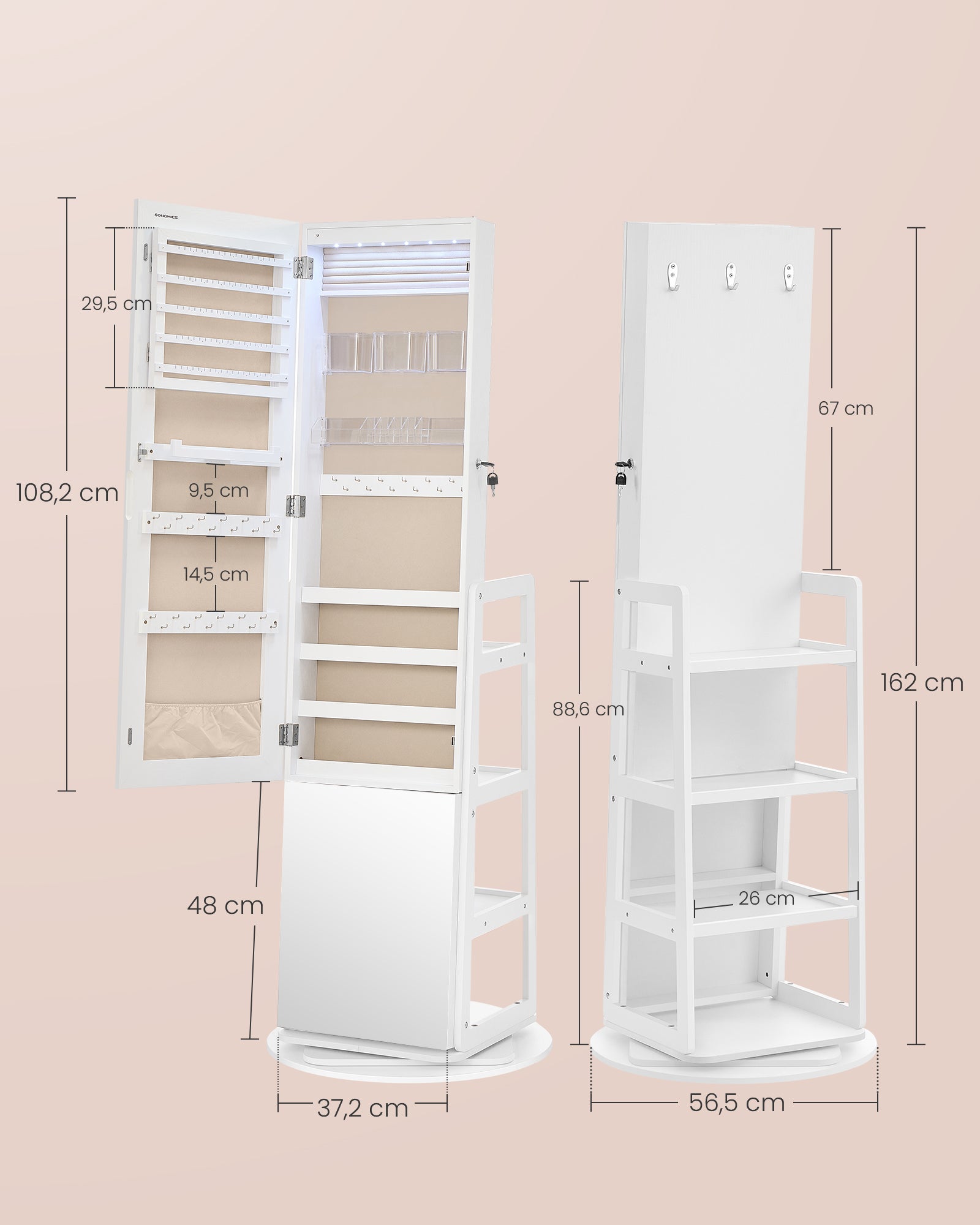 Armoire à Bijoux, Rangement à Bijoux, Miroir Intégral, 4 Étagères de Rangement, Éclairage Intégré, Rotation à 360°,Blanc - 5