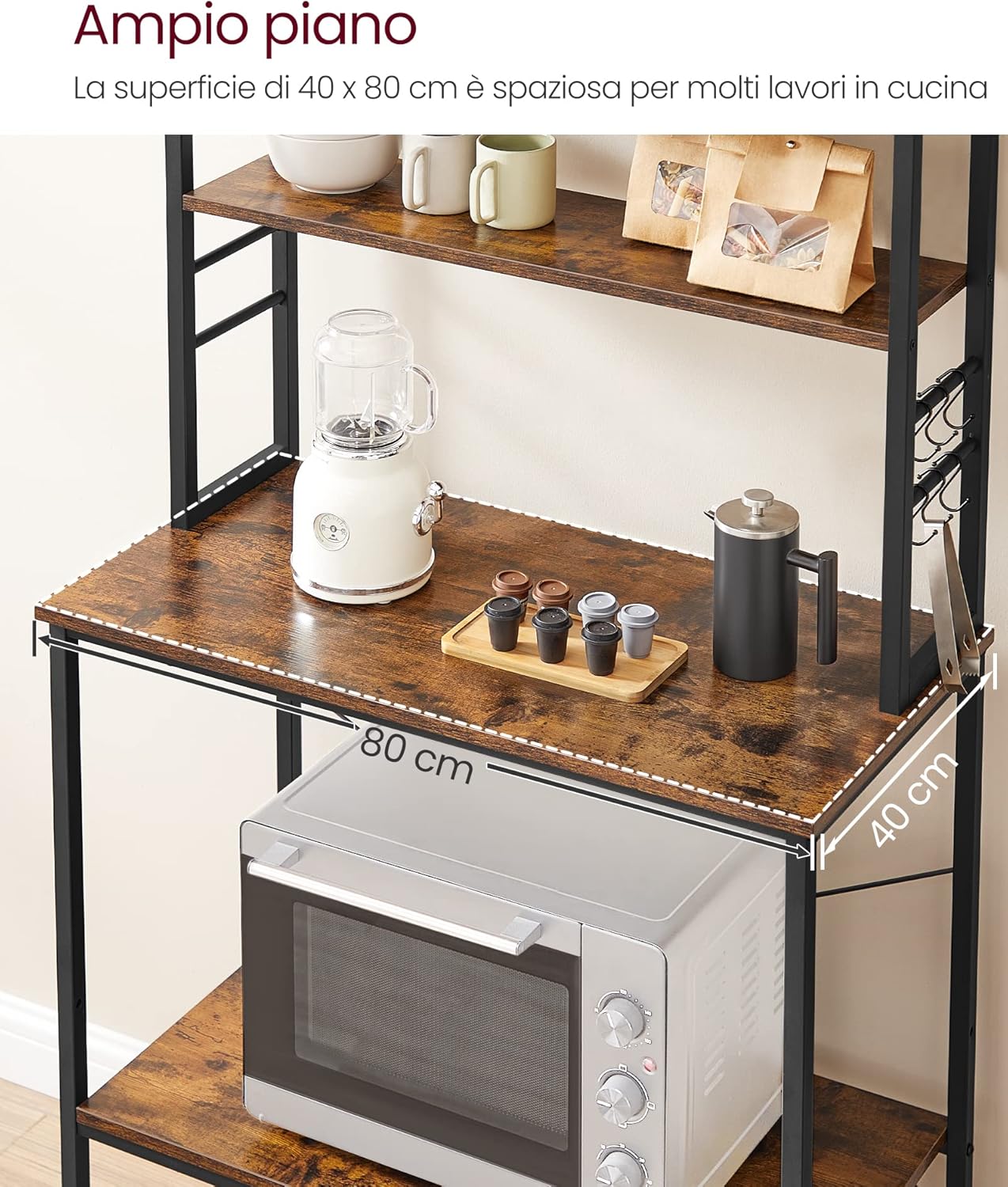 Scaffale Cucina, Supporto per Microonde, 6 Ripiani, 6 Ganci, Acciaio, Industriale, 40 x 80 x 167 cm, Marrone e Nero - 4