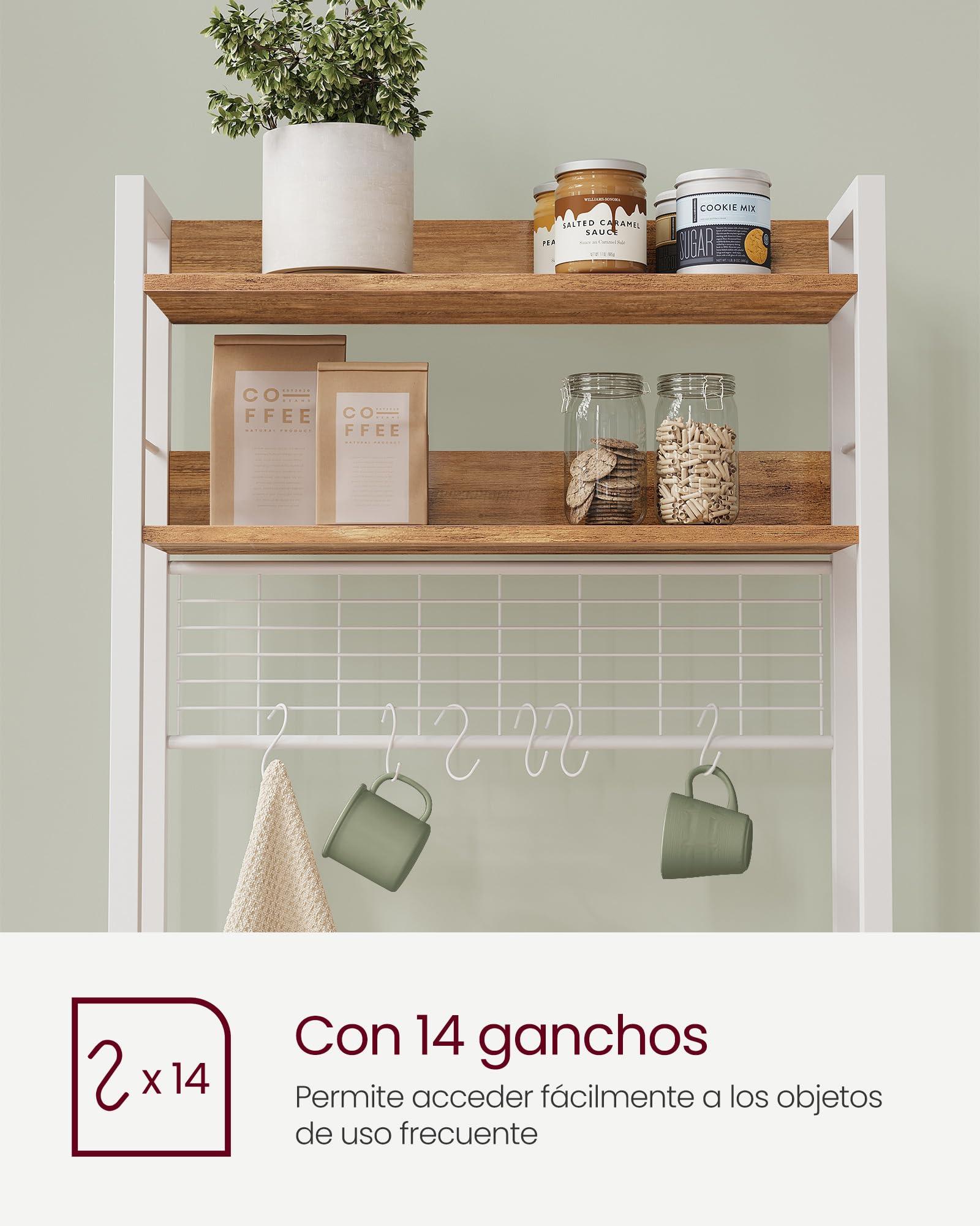 Estantería de cocina con toma de corriente y soporte para microondas - alambre de metal, 14 ganchos, 40x60x170 cm, nogal - 6