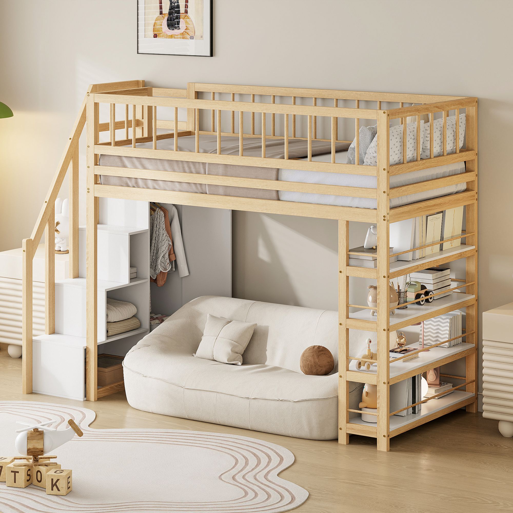 Lit superposé pour enfants 90 x 200, barrières hautes, avec armoire, échelle de sécurité, couleur bois d'origine - 2