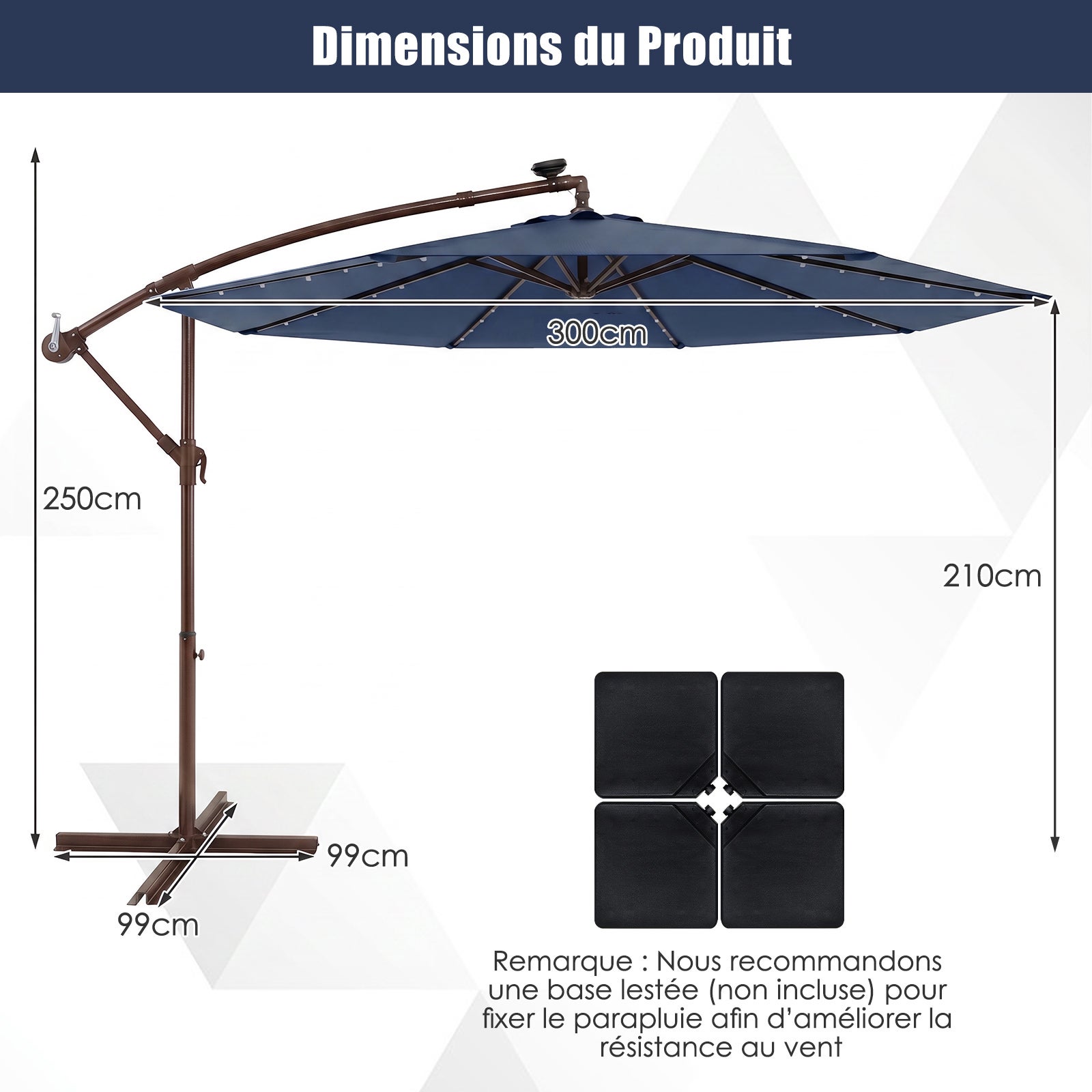 3M Parasol Déporté avec Lumière LED, Parasol de Jardin Extérieur 8 Baleines avec Base Croisée, Grand Parasol Inclinable avec Manivelle (Bleu Marine) - 2