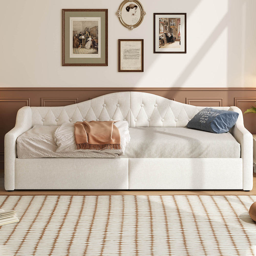 Rozkładana sofa 90 x 200 cm, z paskiem LED, hydraulicznym schowkiem, kolor beżowy