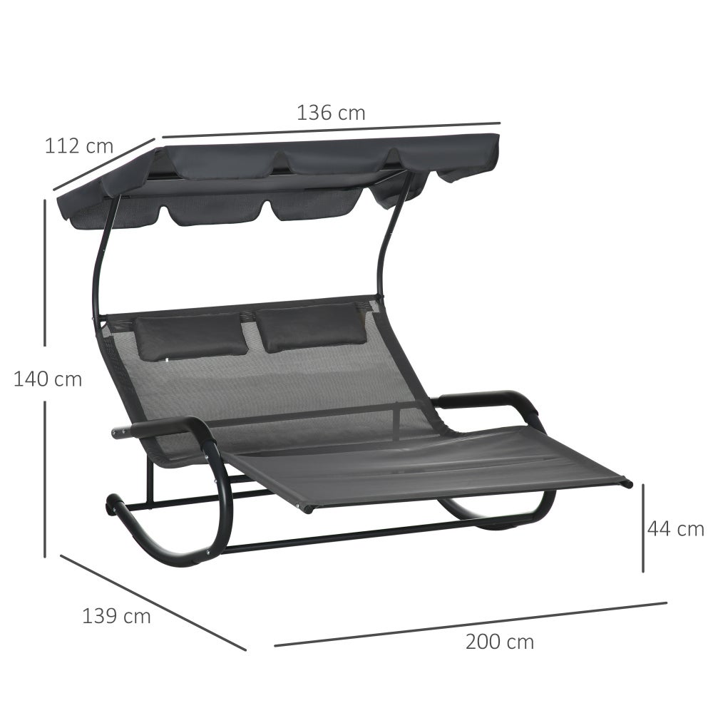 Bain de soleil double en acier gris foncé avec balancelle, pare-soleil, coussin, roulettes, 220 kg, 2 personnes, 200x139x140 cm - 3