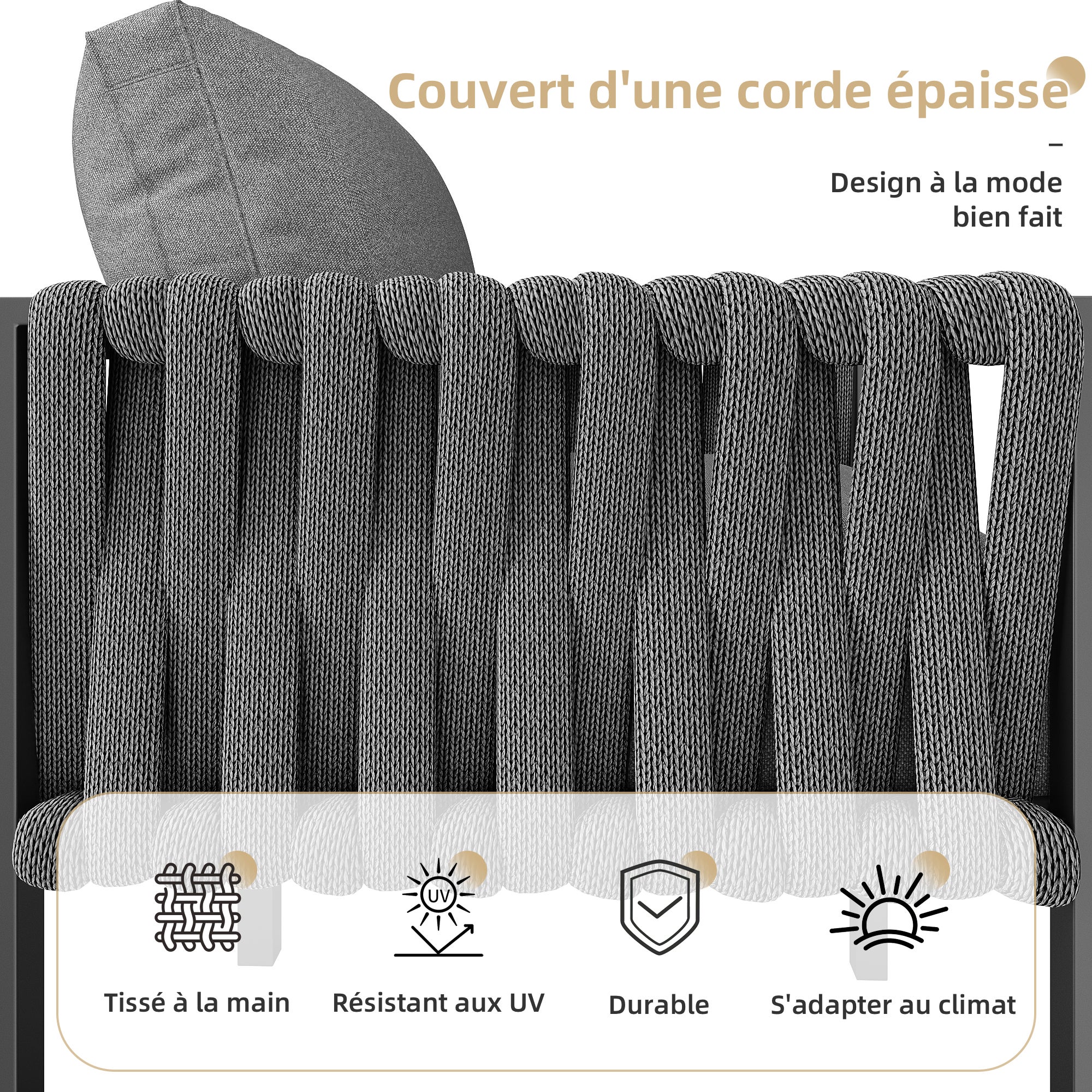 Ensemble de salle à manger de jardin - en corde - avec structure en fer galvanisé, pieds réglables, canapé d'angle, 1 fauteuil, 1 tabouret, gris - 5